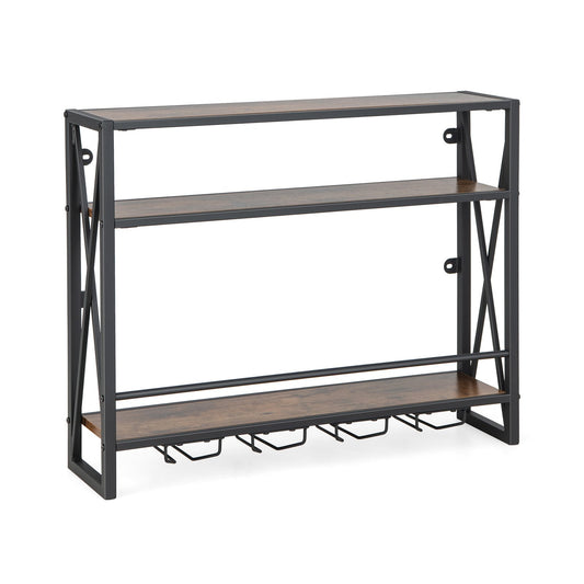 3-Tiers Industrial Wall Mounted Wine Rack with Glass Holder and Metal Frame, Rustic Brown Wine Racks   at Gallery Canada