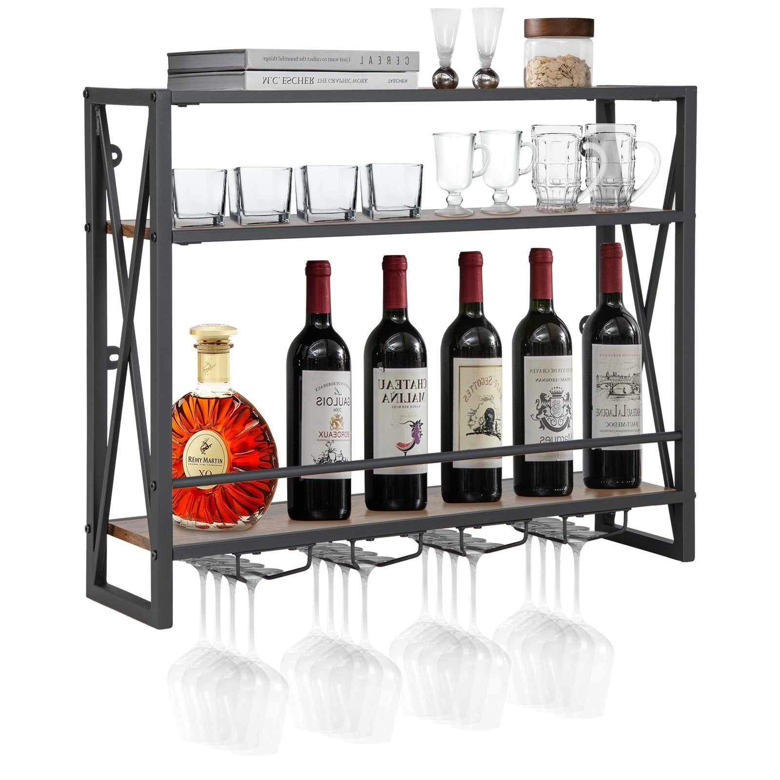 3-Tiers Industrial Wall Mounted Wine Rack with Glass Holder and Metal Frame, Rustic Brown Wine Racks   at Gallery Canada