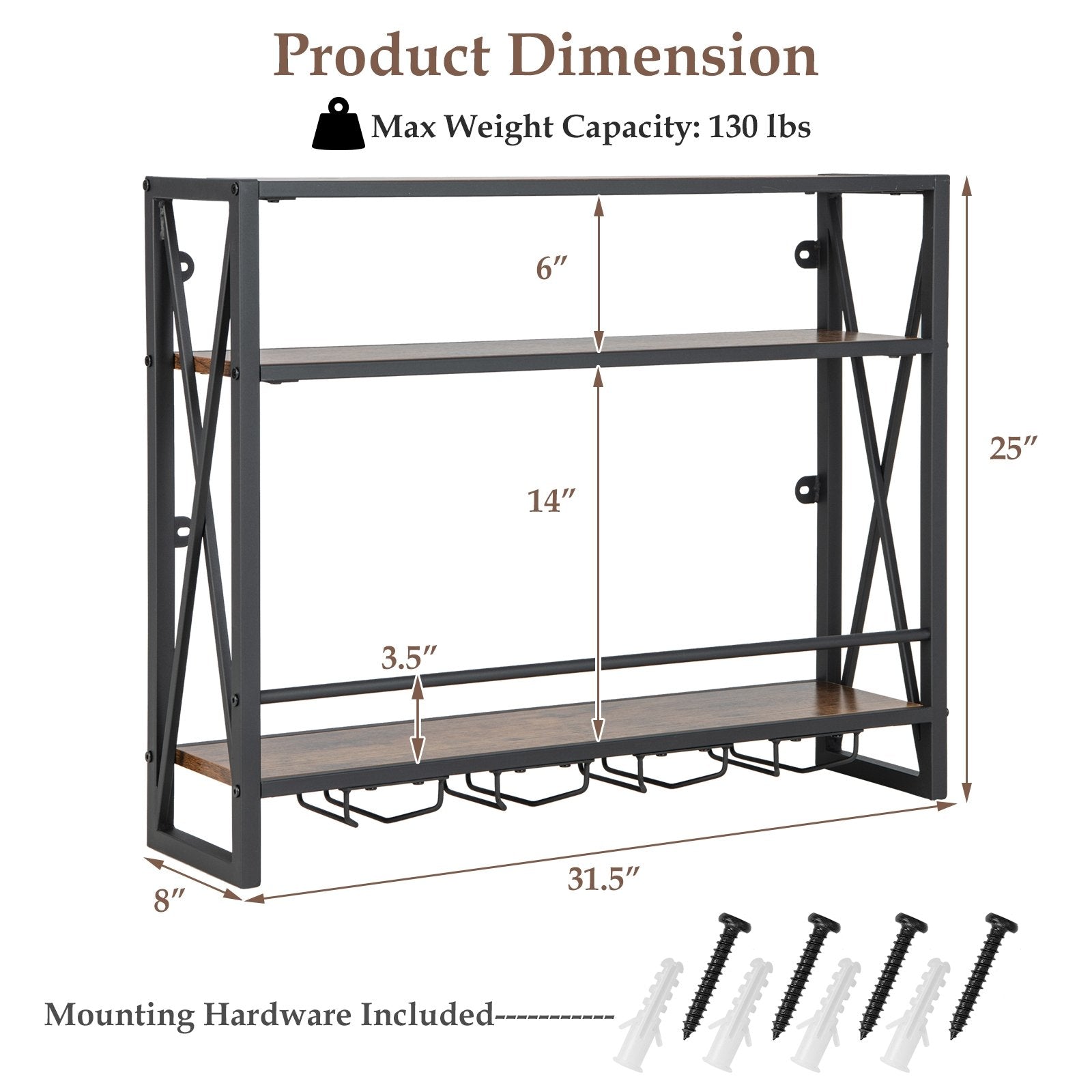 3-Tiers Industrial Wall Mounted Wine Rack with Glass Holder and Metal Frame, Rustic Brown Wine Racks   at Gallery Canada