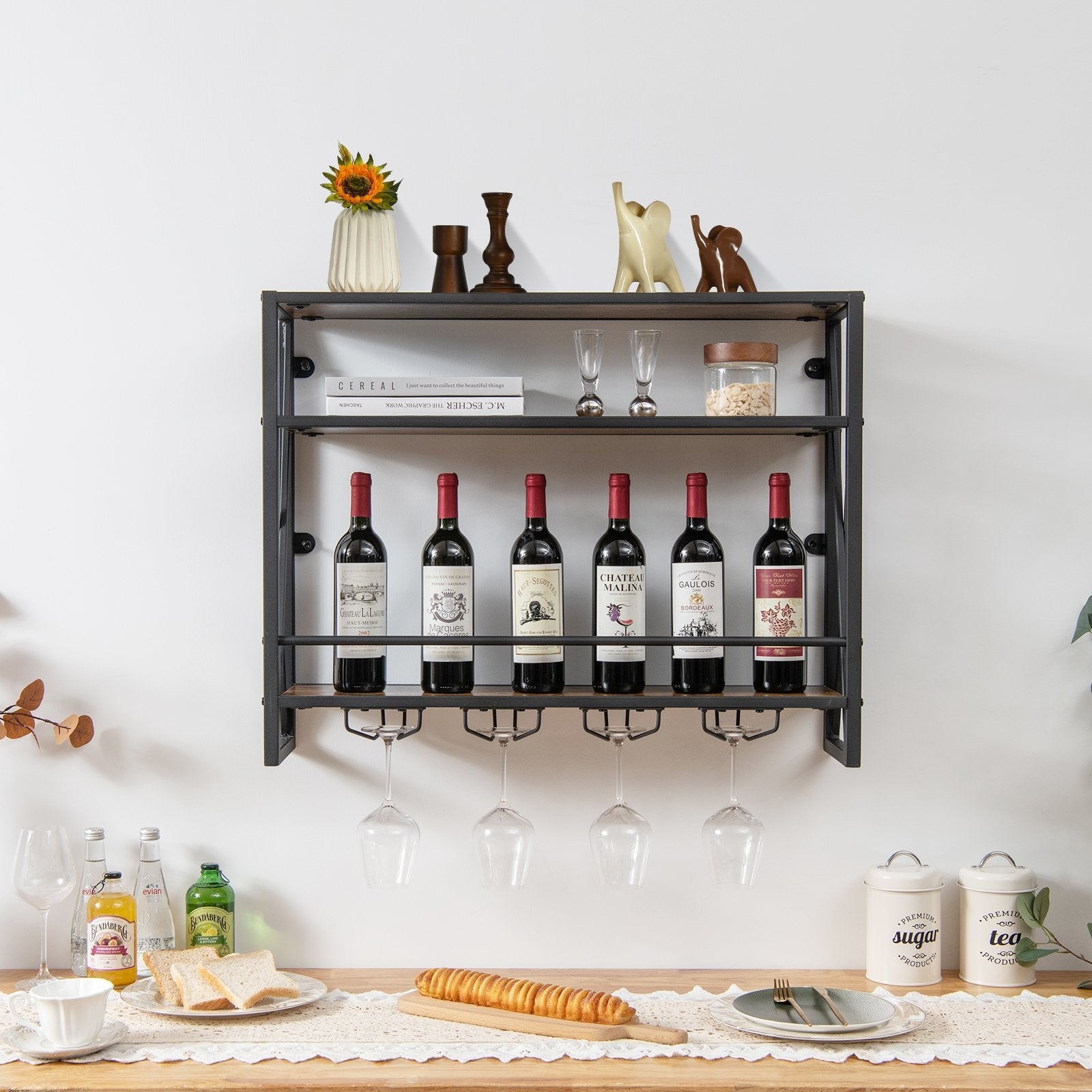 3-Tiers Industrial Wall Mounted Wine Rack with Glass Holder and Metal Frame, Rustic Brown Wine Racks   at Gallery Canada