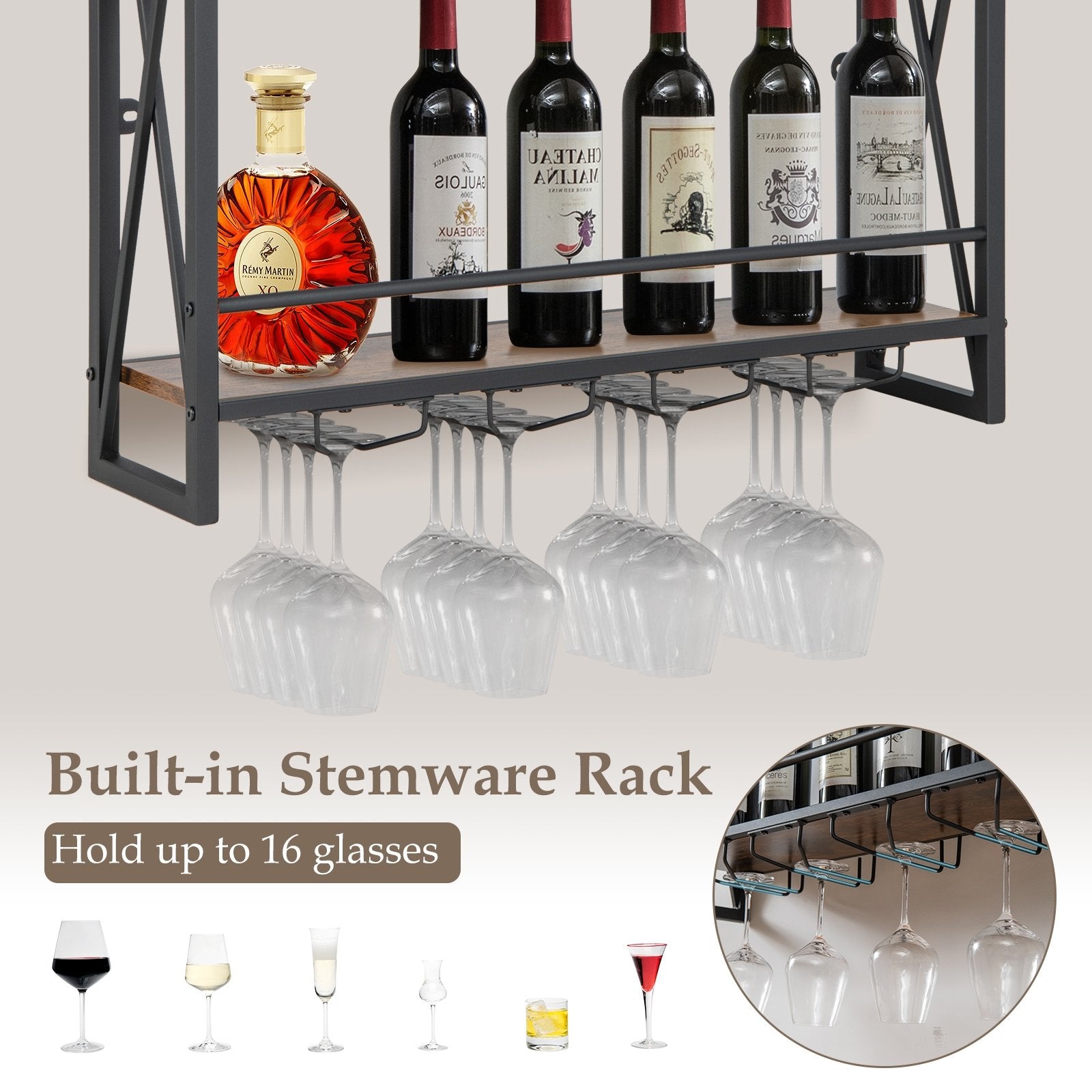 3-Tiers Industrial Wall Mounted Wine Rack with Glass Holder and Metal Frame, Rustic Brown Wine Racks   at Gallery Canada