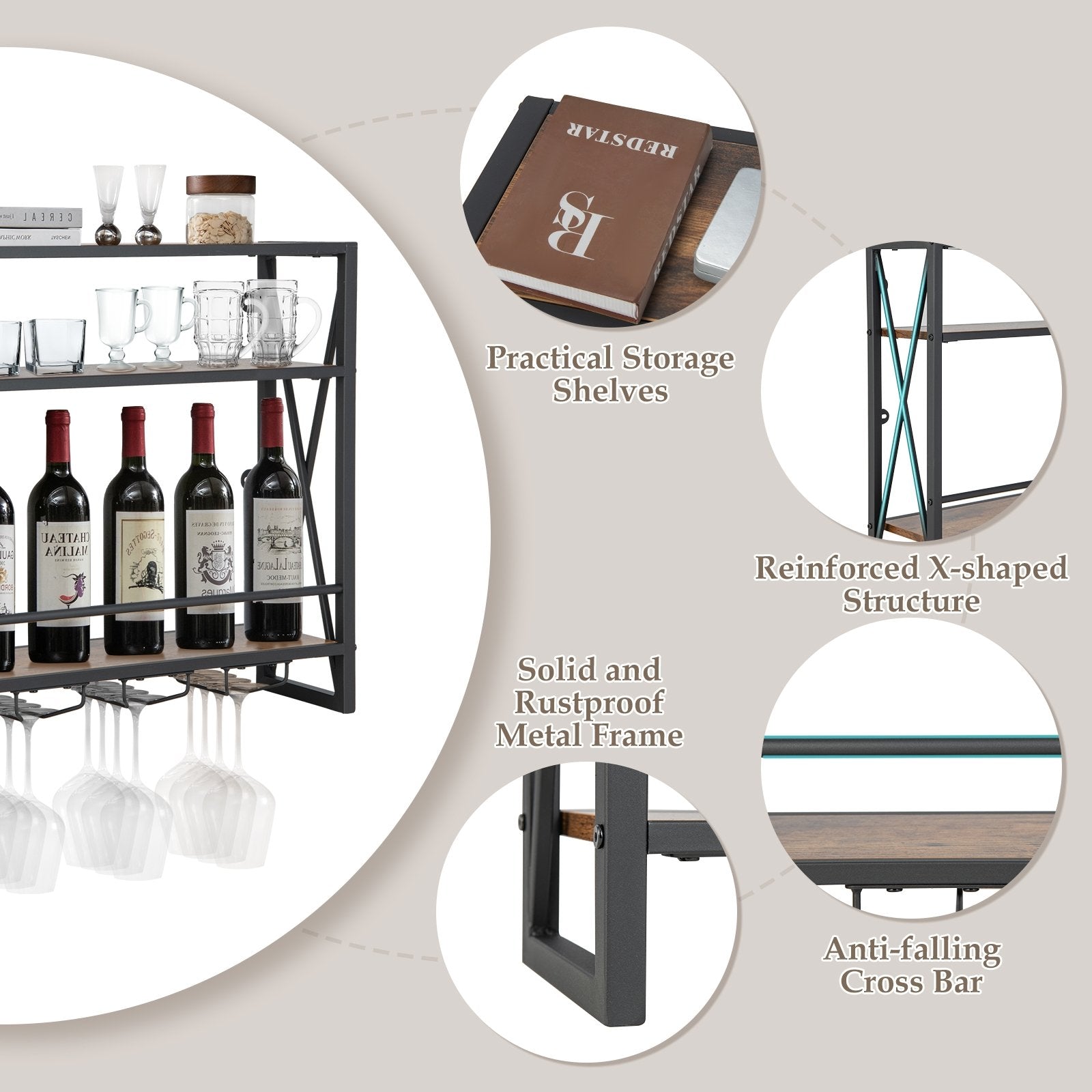 3-Tiers Industrial Wall Mounted Wine Rack with Glass Holder and Metal Frame, Rustic Brown Wine Racks   at Gallery Canada