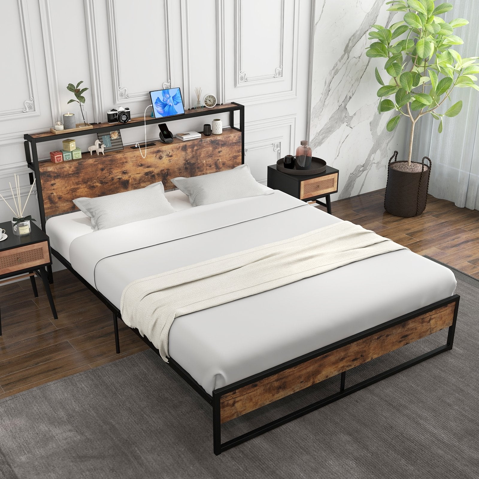 Full/Queen Bed Frame with 2-Tier Storage Headboard and Charging Station-Queen Size, Rustic Brown Simple Bed Frame   at Gallery Canada