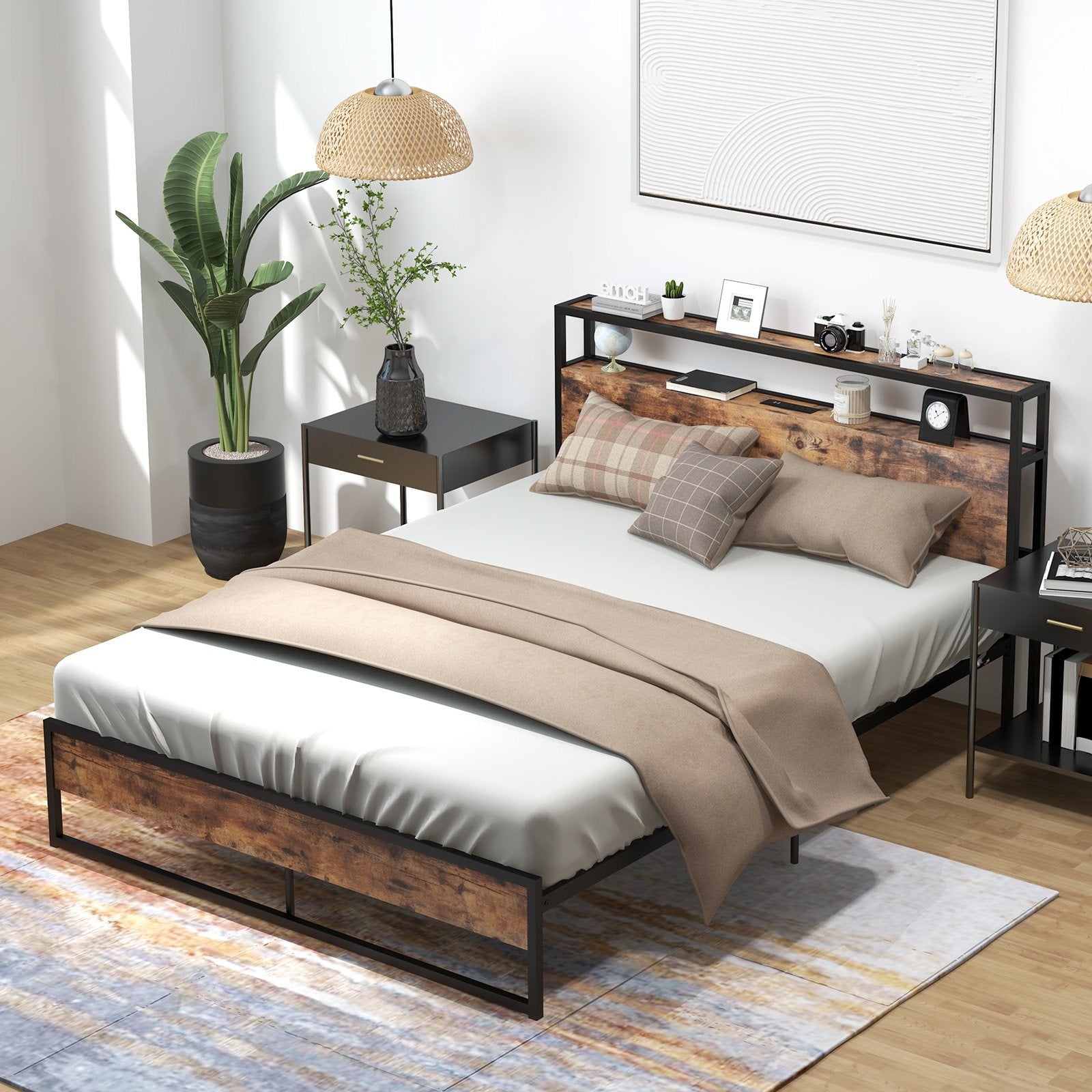 Full/Queen Bed Frame with 2-Tier Storage Headboard and Charging Station-Queen Size, Rustic Brown Simple Bed Frame   at Gallery Canada