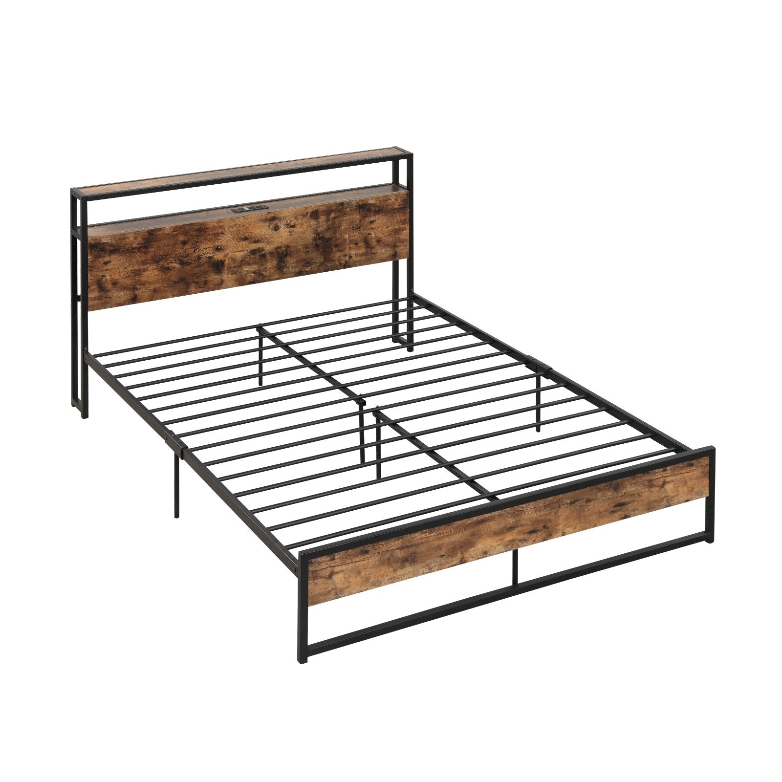 Full/Queen Bed Frame with 2-Tier Storage Headboard and Charging Station-Queen Size, Rustic Brown Simple Bed Frame   at Gallery Canada