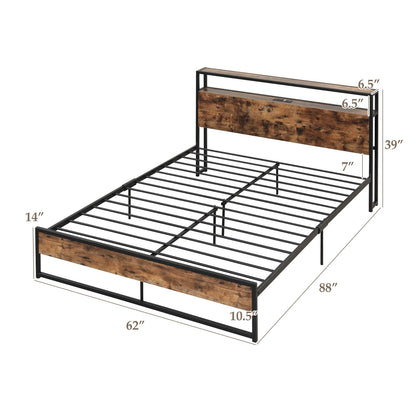 Full/Queen Bed Frame with 2-Tier Storage Headboard and Charging Station-Queen Size, Rustic Brown Simple Bed Frame   at Gallery Canada