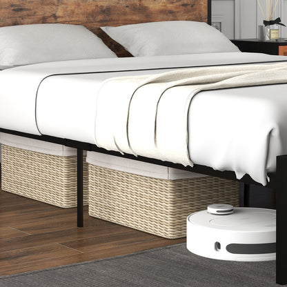 Full/Queen Bed Frame with 2-Tier Storage Headboard and Charging Station-Queen Size, Rustic Brown Simple Bed Frame   at Gallery Canada