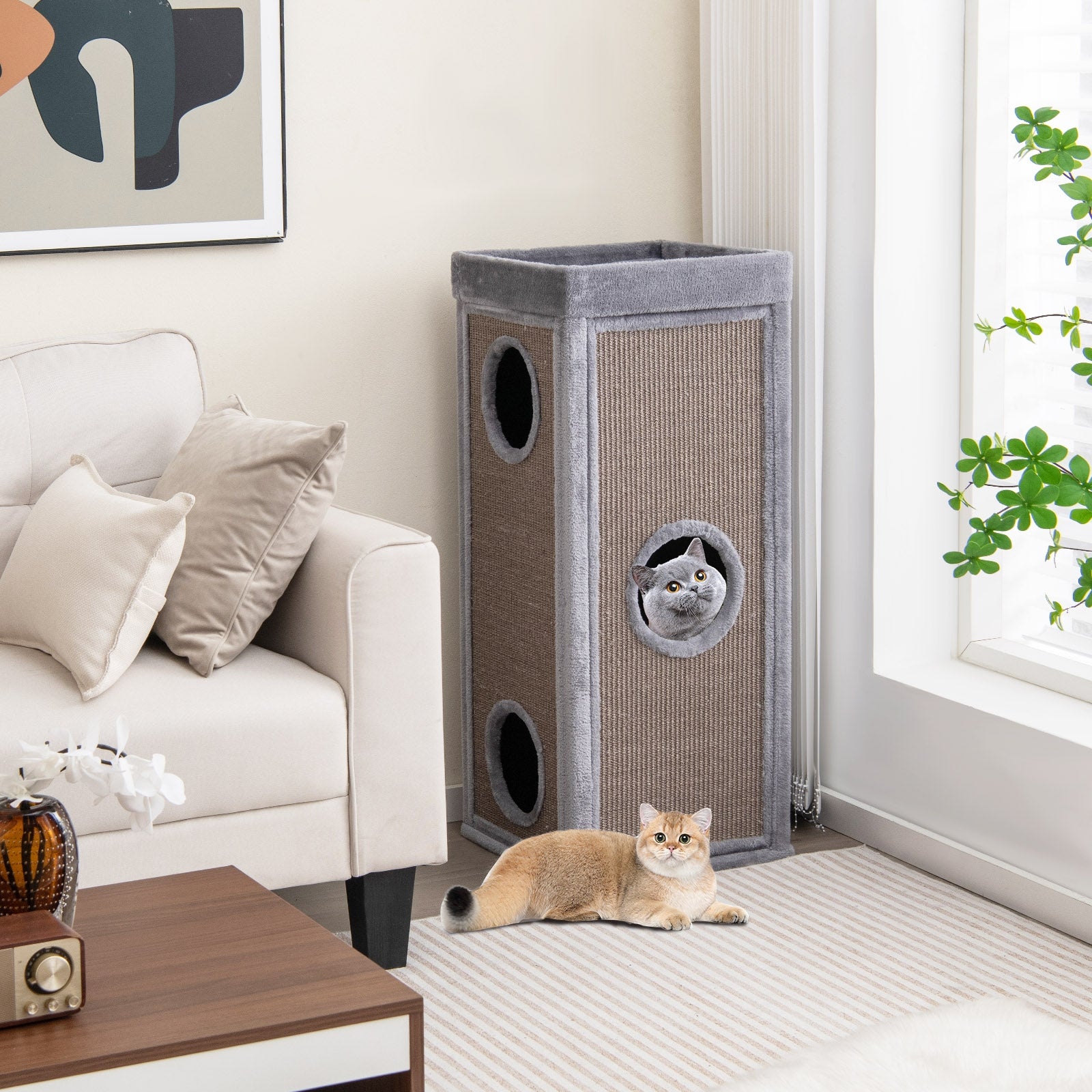 39 Inch Tall Cat Condo with Scratching Posts and 3 Hideaways and 4 Soft Plush Cushions, Gray Cat Trees Condos & Scratchers at Gallery Canada