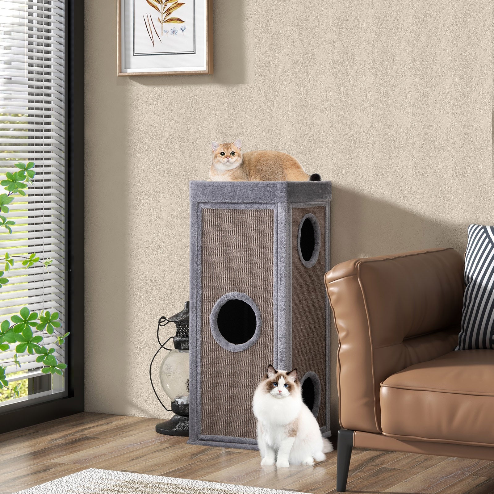 39 Inch Tall Cat Condo with Scratching Posts and 3 Hideaways and 4 Soft Plush Cushions, Gray Cat Trees Condos & Scratchers at Gallery Canada