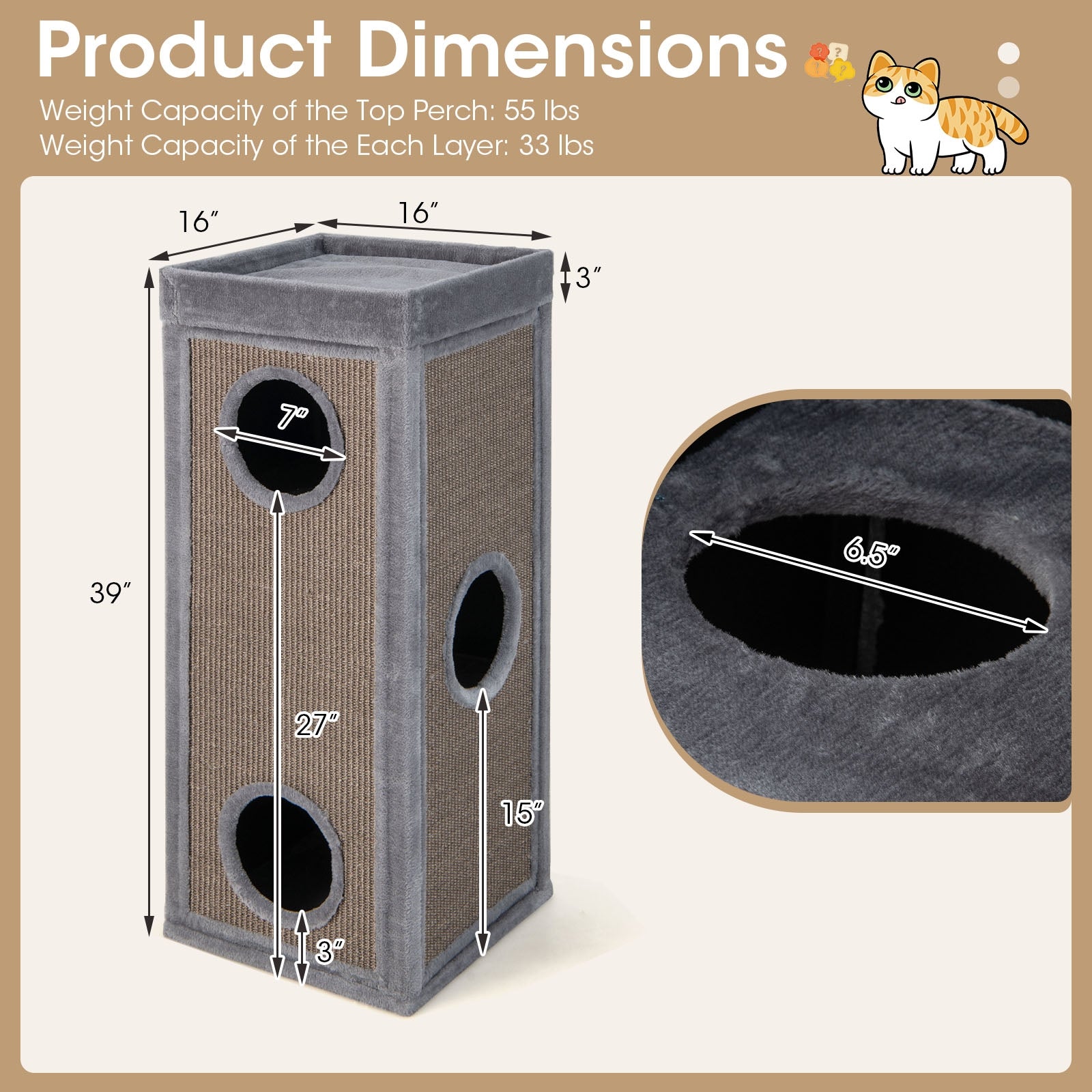 39 Inch Tall Cat Condo with Scratching Posts and 3 Hideaways and 4 Soft Plush Cushions, Gray Cat Trees Condos & Scratchers at Gallery Canada