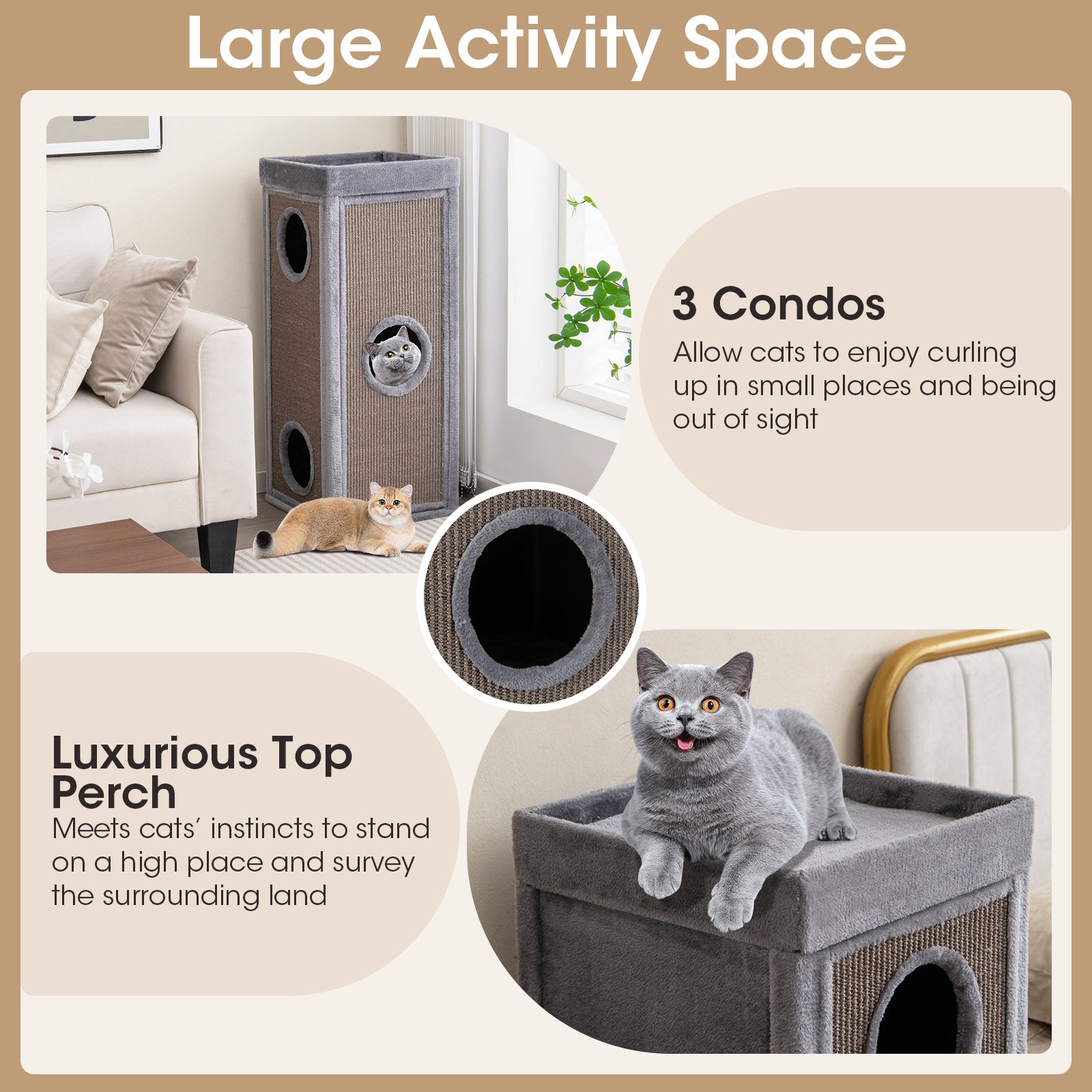 39 Inch Tall Cat Condo with Scratching Posts and 3 Hideaways and 4 Soft Plush Cushions, Gray Cat Trees Condos & Scratchers at Gallery Canada