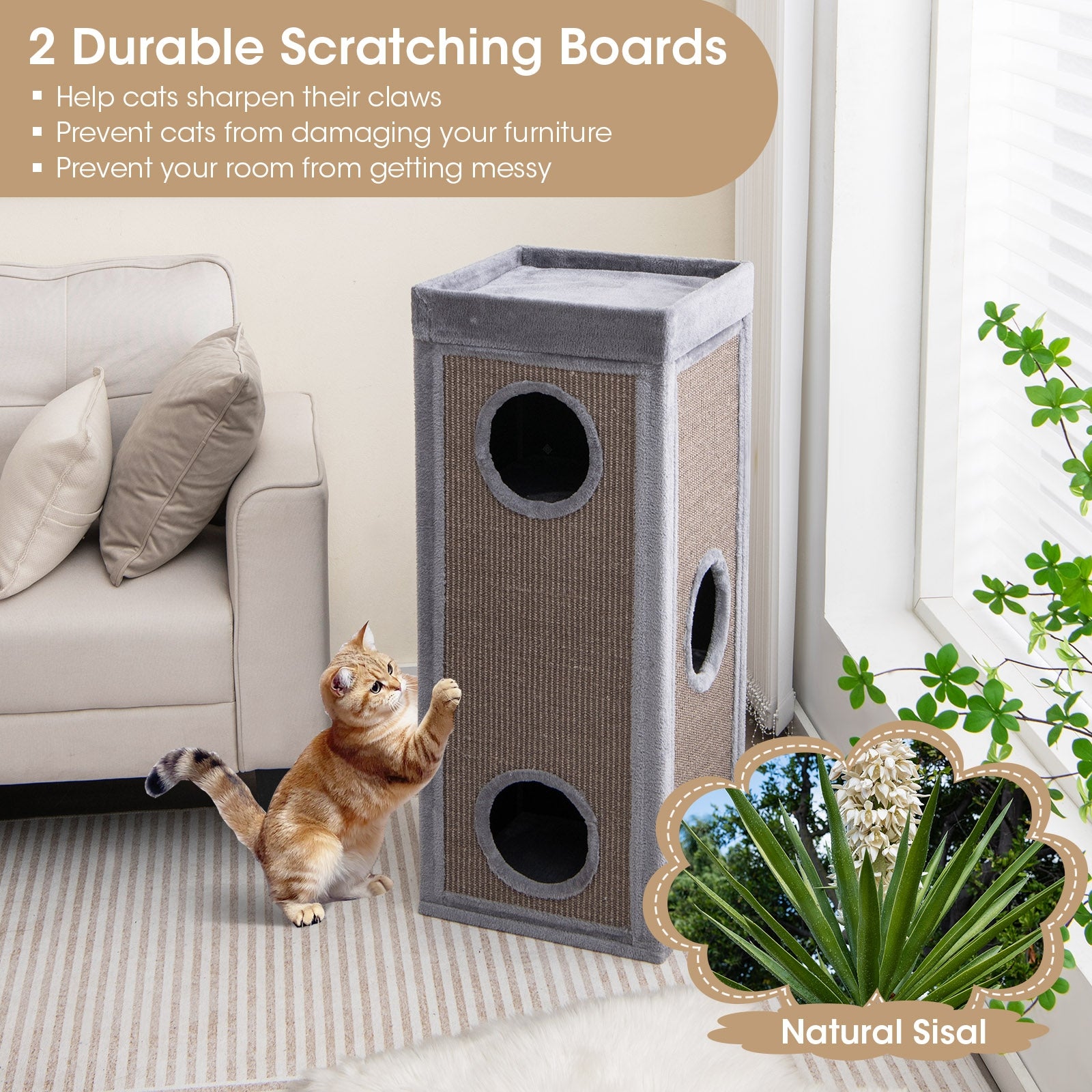 39 Inch Tall Cat Condo with Scratching Posts and 3 Hideaways and 4 Soft Plush Cushions, Gray Cat Trees Condos & Scratchers at Gallery Canada