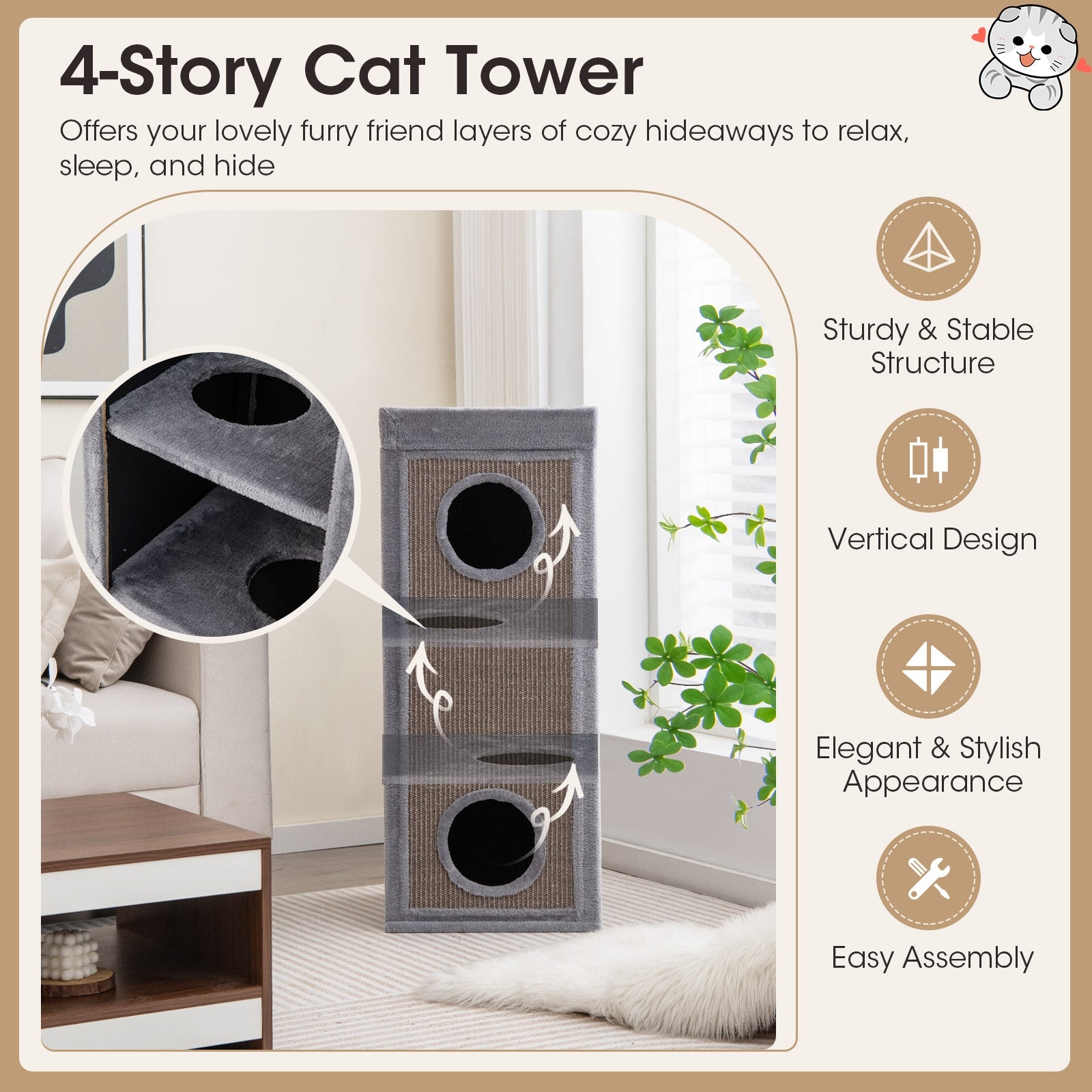 39 Inch Tall Cat Condo with Scratching Posts and 3 Hideaways and 4 Soft Plush Cushions, Gray Cat Trees Condos & Scratchers at Gallery Canada