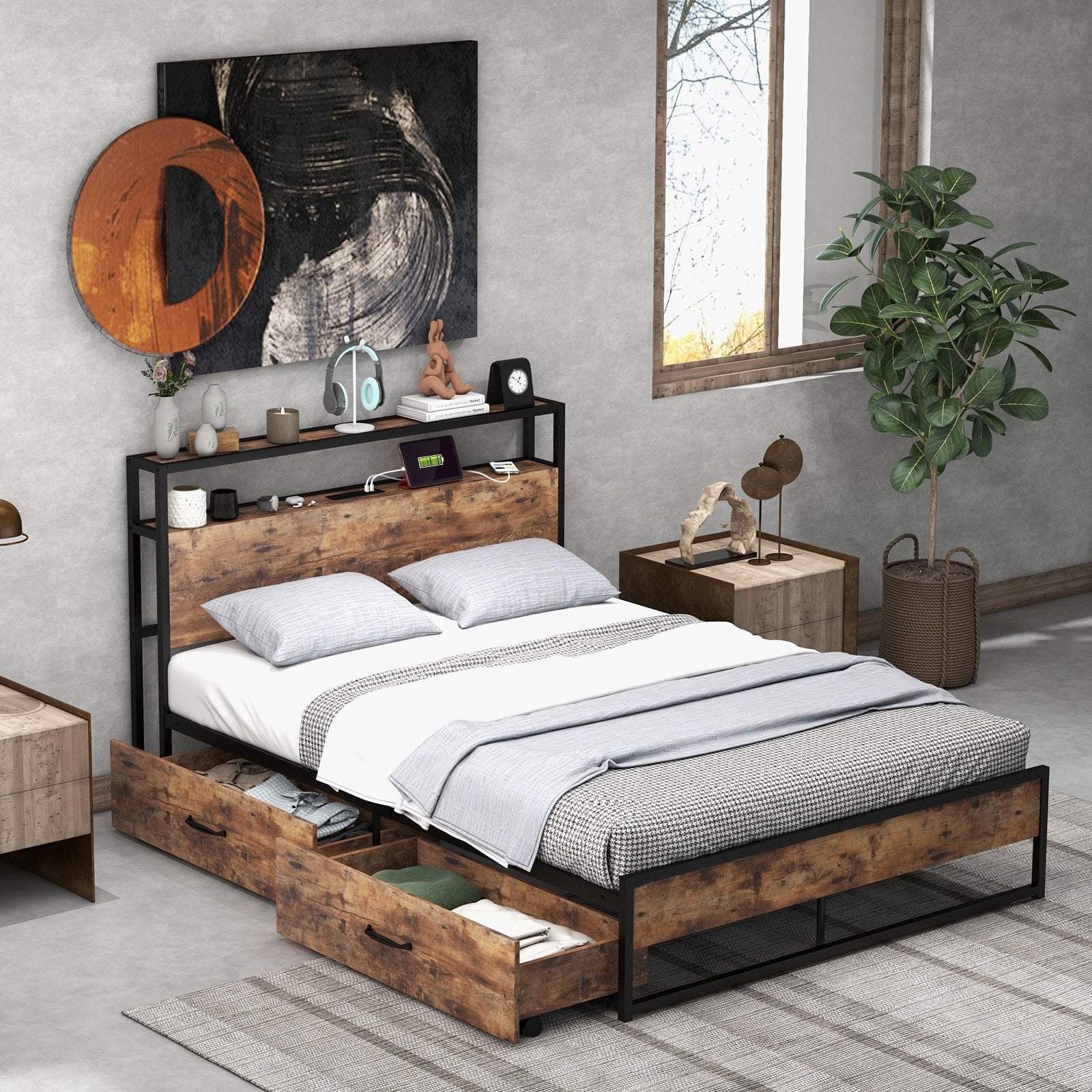 Full/Queen Bed Frame with 2-Tier Storage Headboard and Charging Station-Full Size, Rustic Brown Simple Bed Frame   at Gallery Canada