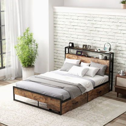 Full/Queen Bed Frame with 2-Tier Storage Headboard and Charging Station-Full Size, Rustic Brown Simple Bed Frame   at Gallery Canada