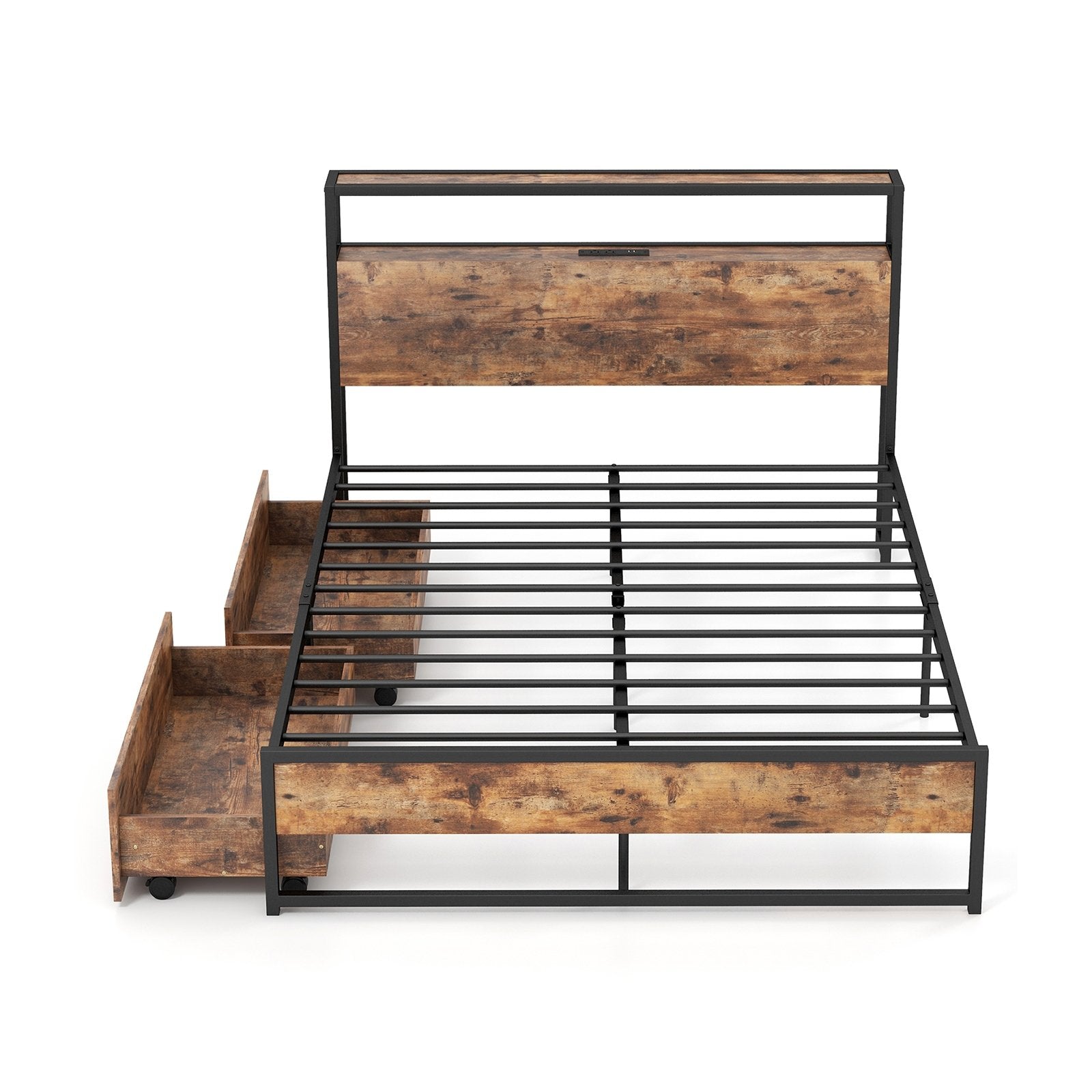 Full/Queen Bed Frame with 2-Tier Storage Headboard and Charging Station-Full Size, Rustic Brown Simple Bed Frame   at Gallery Canada