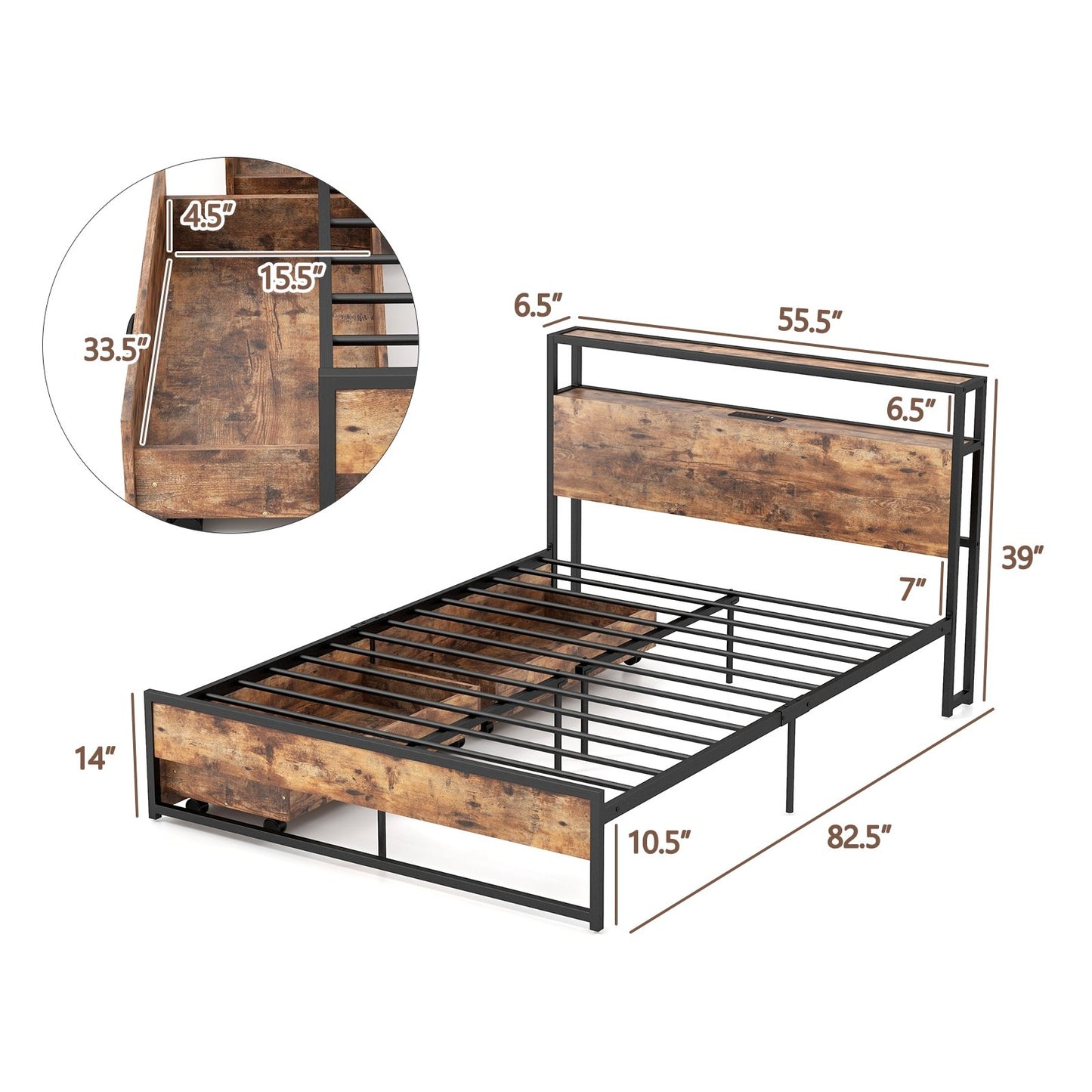 Full/Queen Bed Frame with 2-Tier Storage Headboard and Charging Station-Full Size, Rustic Brown Simple Bed Frame   at Gallery Canada