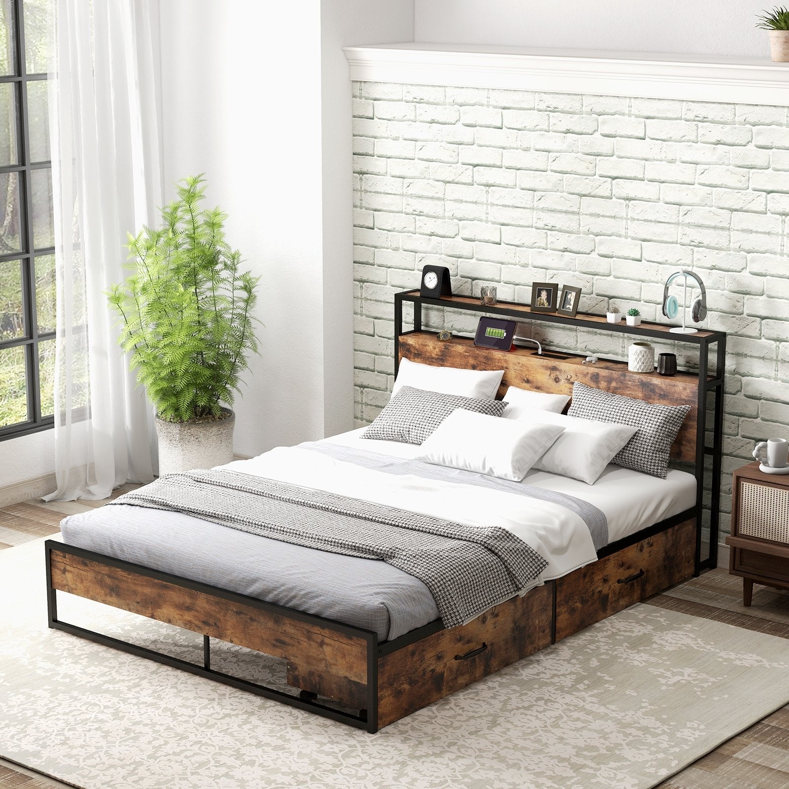 Full/Queen Bed Frame with 2-Tier Storage Headboard and Charging Station-Queen Size, Rustic Brown Simple Bed Frame   at Gallery Canada