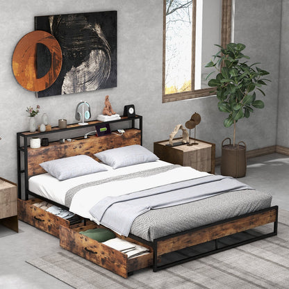 Full/Queen Bed Frame with 2-Tier Storage Headboard and Charging Station-Queen Size, Rustic Brown Simple Bed Frame   at Gallery Canada