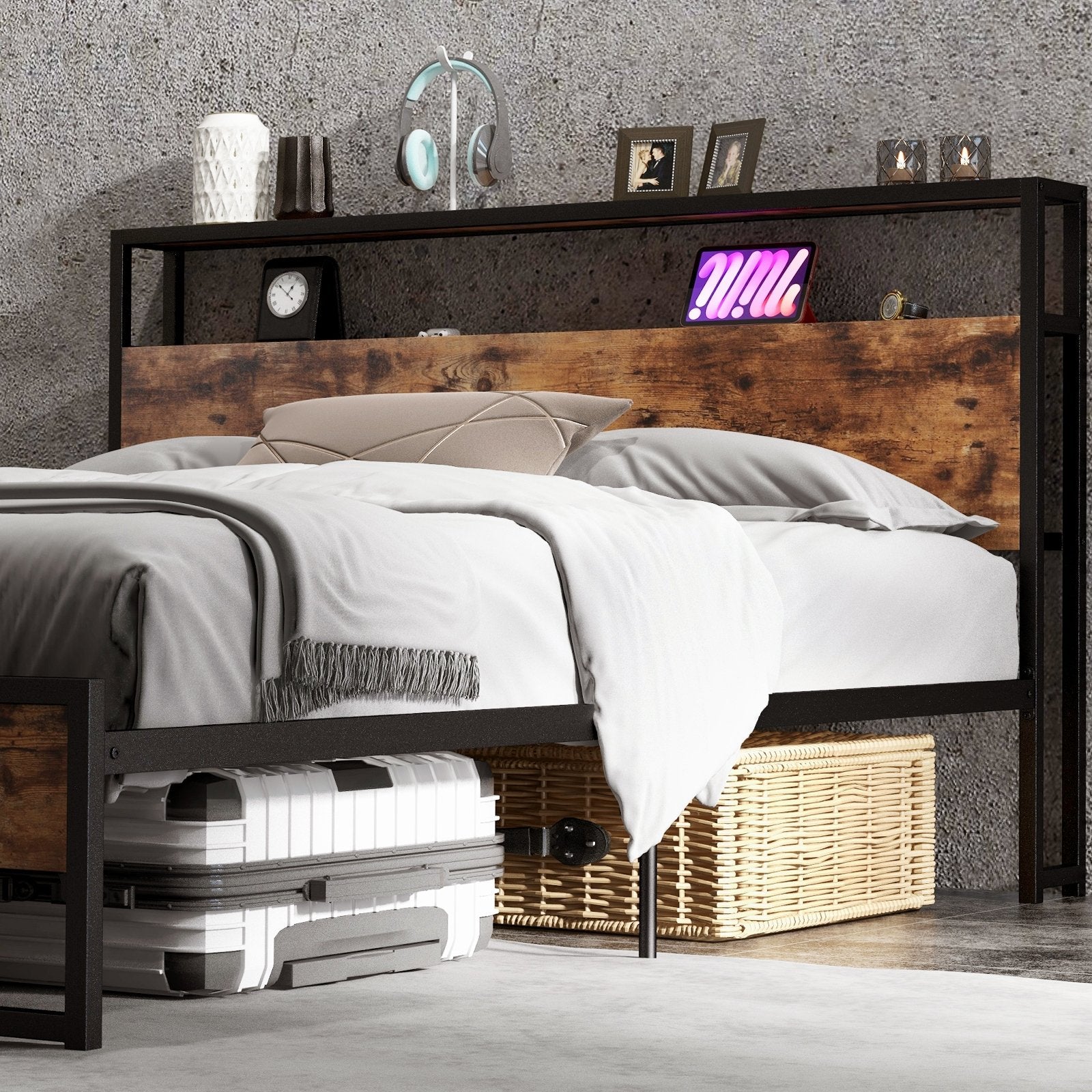 Full/Queen Bed Frame with 2-Tier Storage Headboard and Charging Station-Queen Size, Rustic Brown Simple Bed Frame   at Gallery Canada