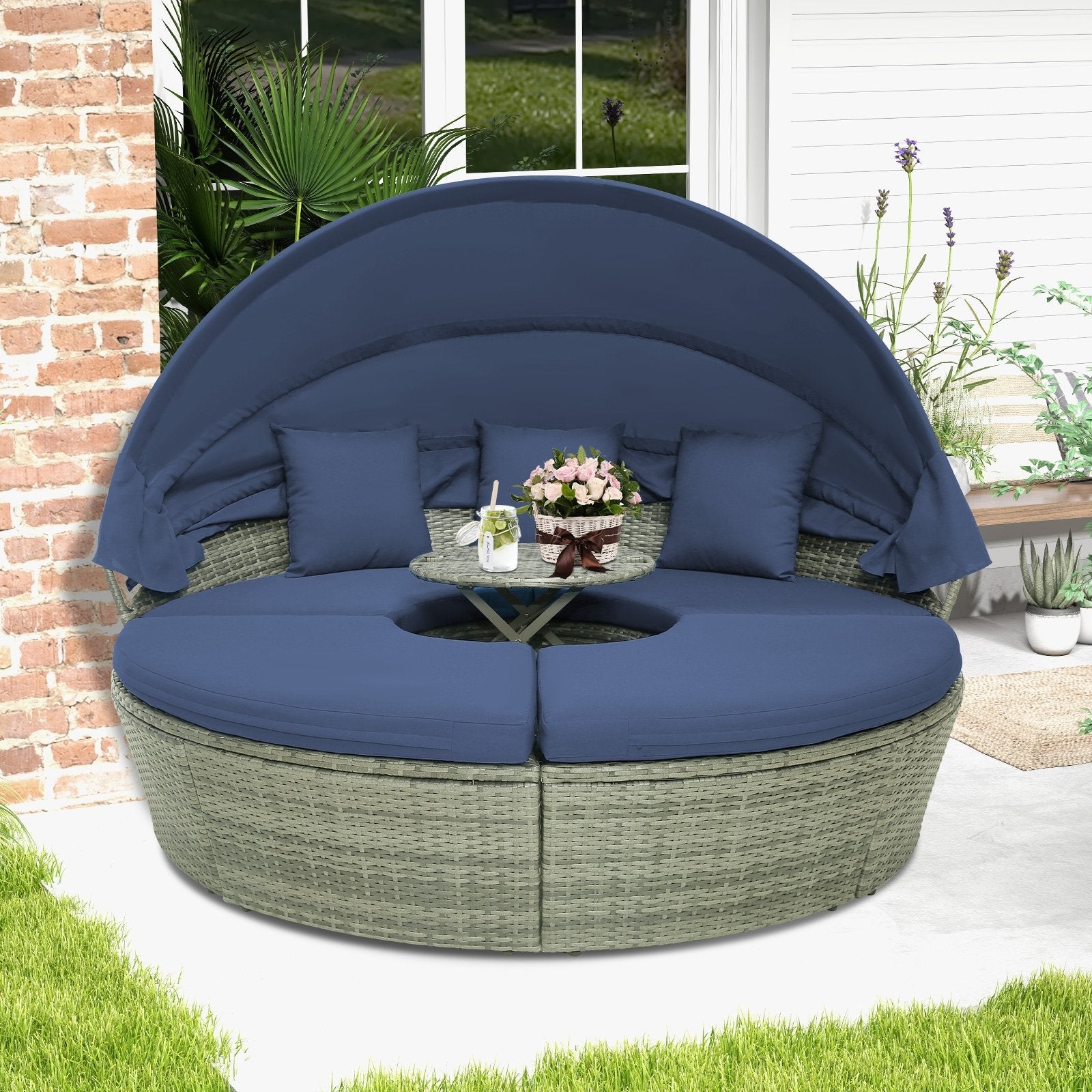 Outdoor PE Wicker Round Daybed with Retractable Canopy and Cushions, Navy Outdoor Sectionals   at Gallery Canada