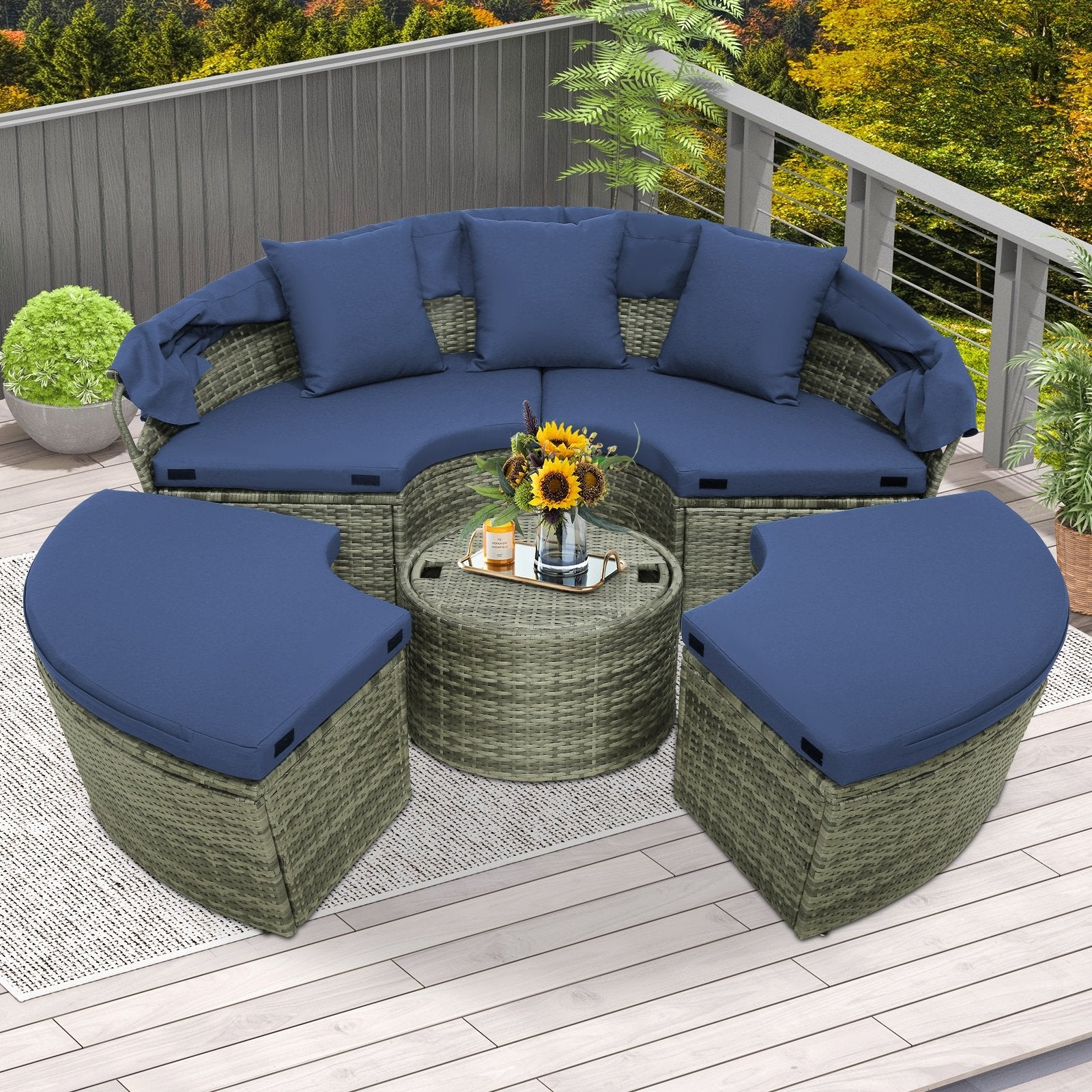 Outdoor PE Wicker Round Daybed with Retractable Canopy and Cushions, Navy Outdoor Sectionals   at Gallery Canada