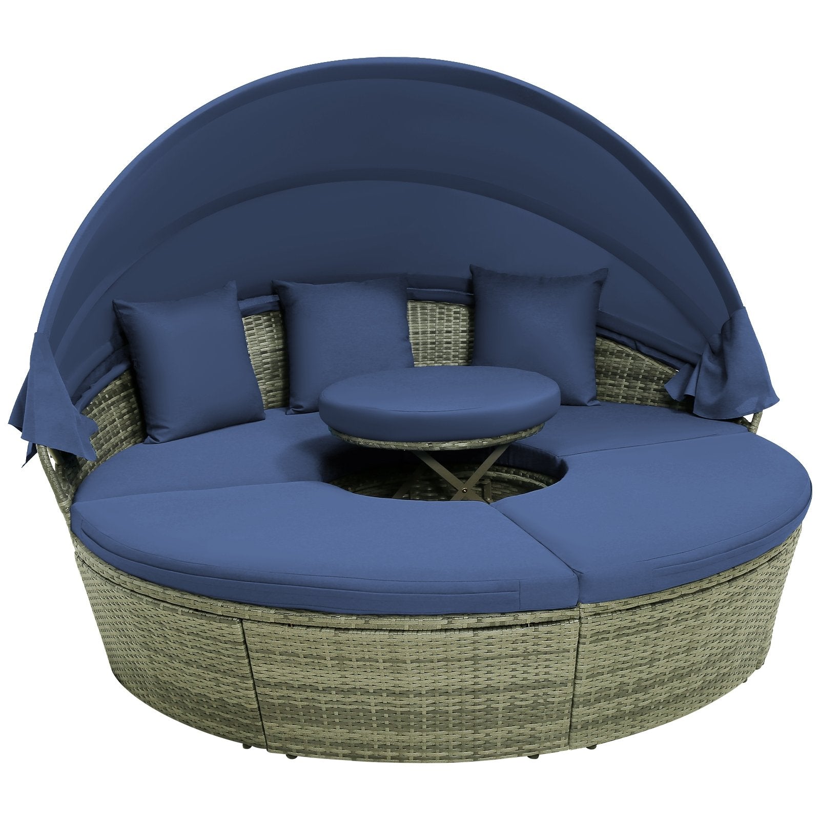 Outdoor PE Wicker Round Daybed with Retractable Canopy and Cushions, Navy Outdoor Sectionals   at Gallery Canada