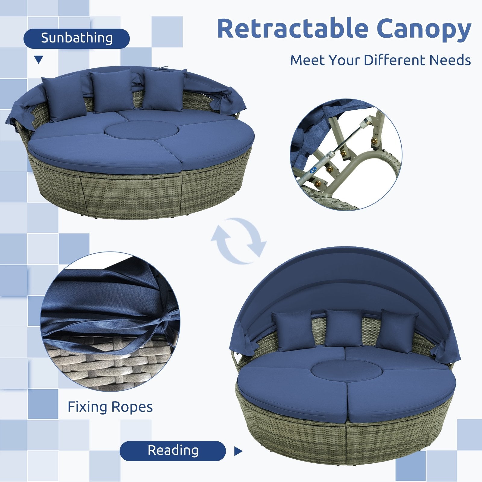 Outdoor PE Wicker Round Daybed with Retractable Canopy and Cushions, Navy Outdoor Sectionals   at Gallery Canada