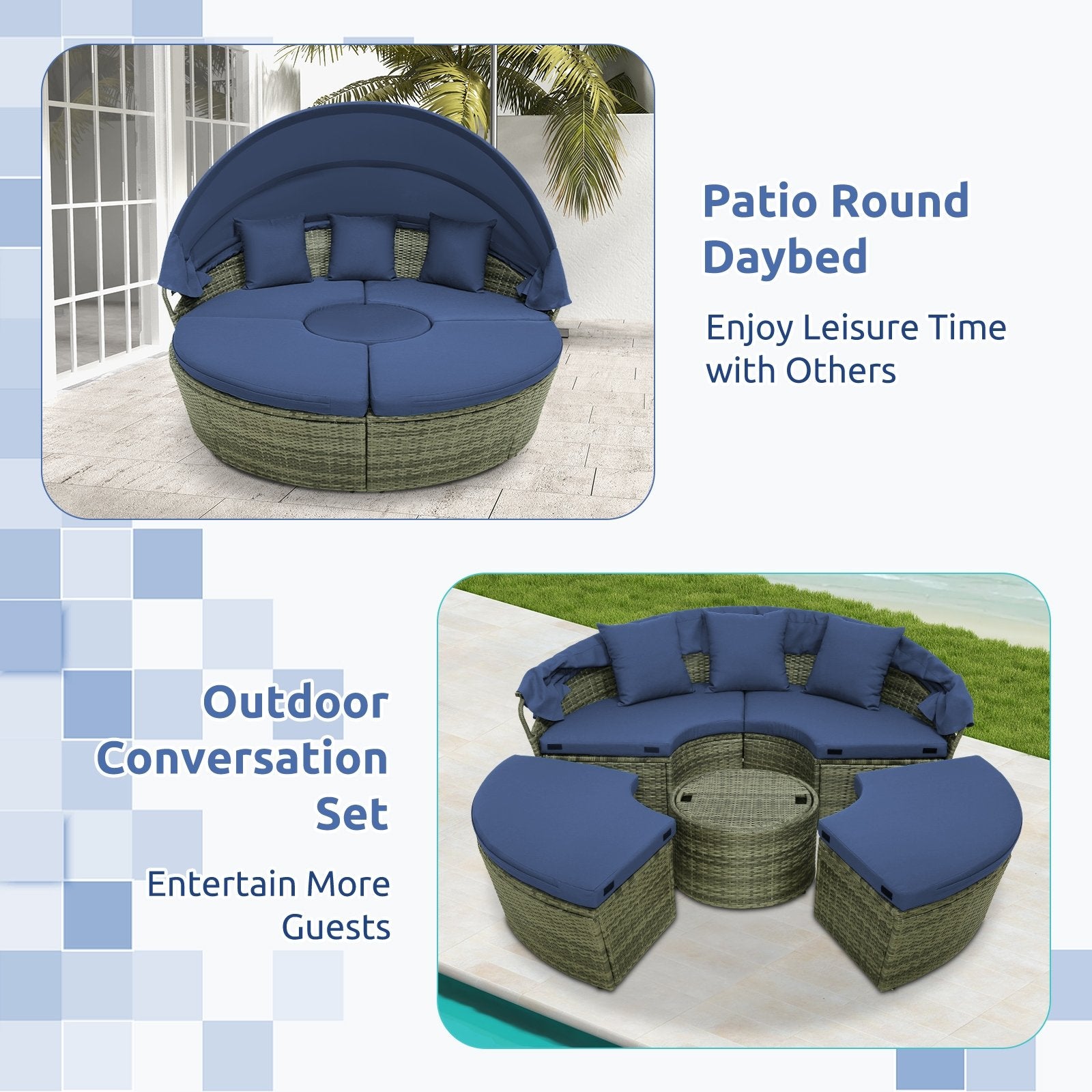 Outdoor PE Wicker Round Daybed with Retractable Canopy and Cushions, Navy Outdoor Sectionals   at Gallery Canada