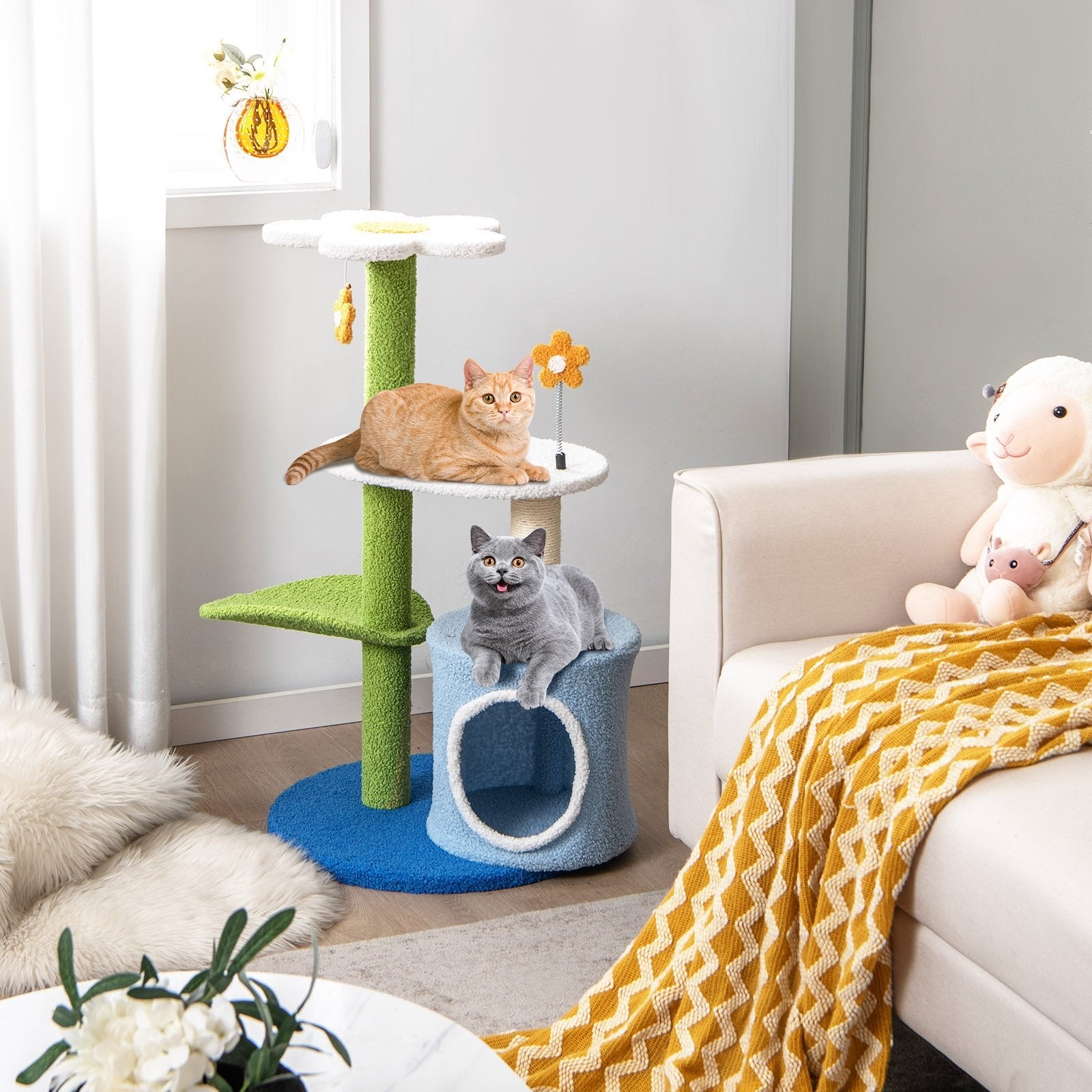 34.5 Inch 4-Tier Cute Cat Tree with Jingling Balls and Condo, Blue Cat Trees Condos & Scratchers   at Gallery Canada