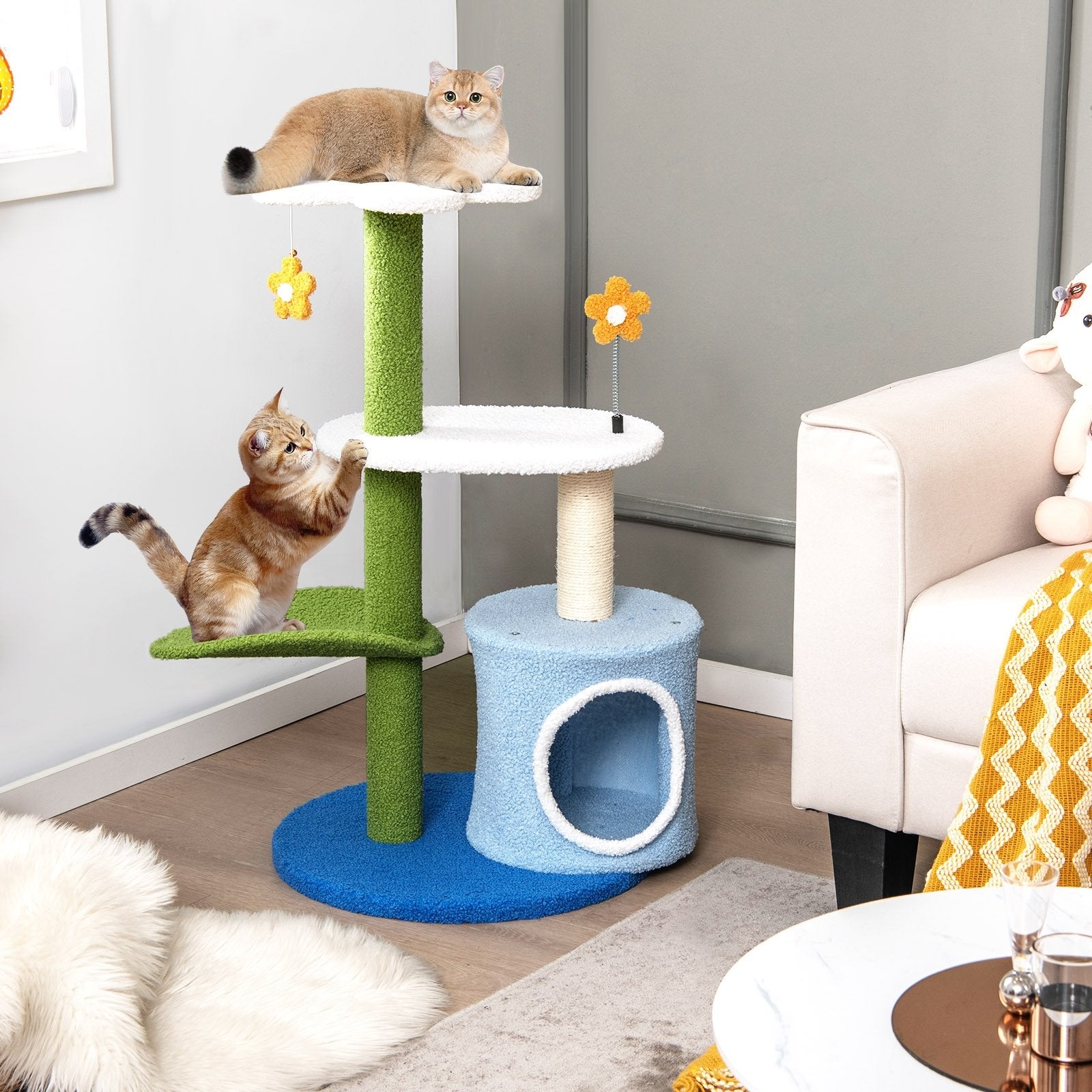 34.5 Inch 4-Tier Cute Cat Tree with Jingling Balls and Condo, Blue Cat Trees Condos & Scratchers   at Gallery Canada