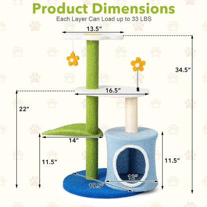 34.5 Inch 4-Tier Cute Cat Tree with Jingling Balls and Condo, Blue Cat Trees Condos & Scratchers   at Gallery Canada