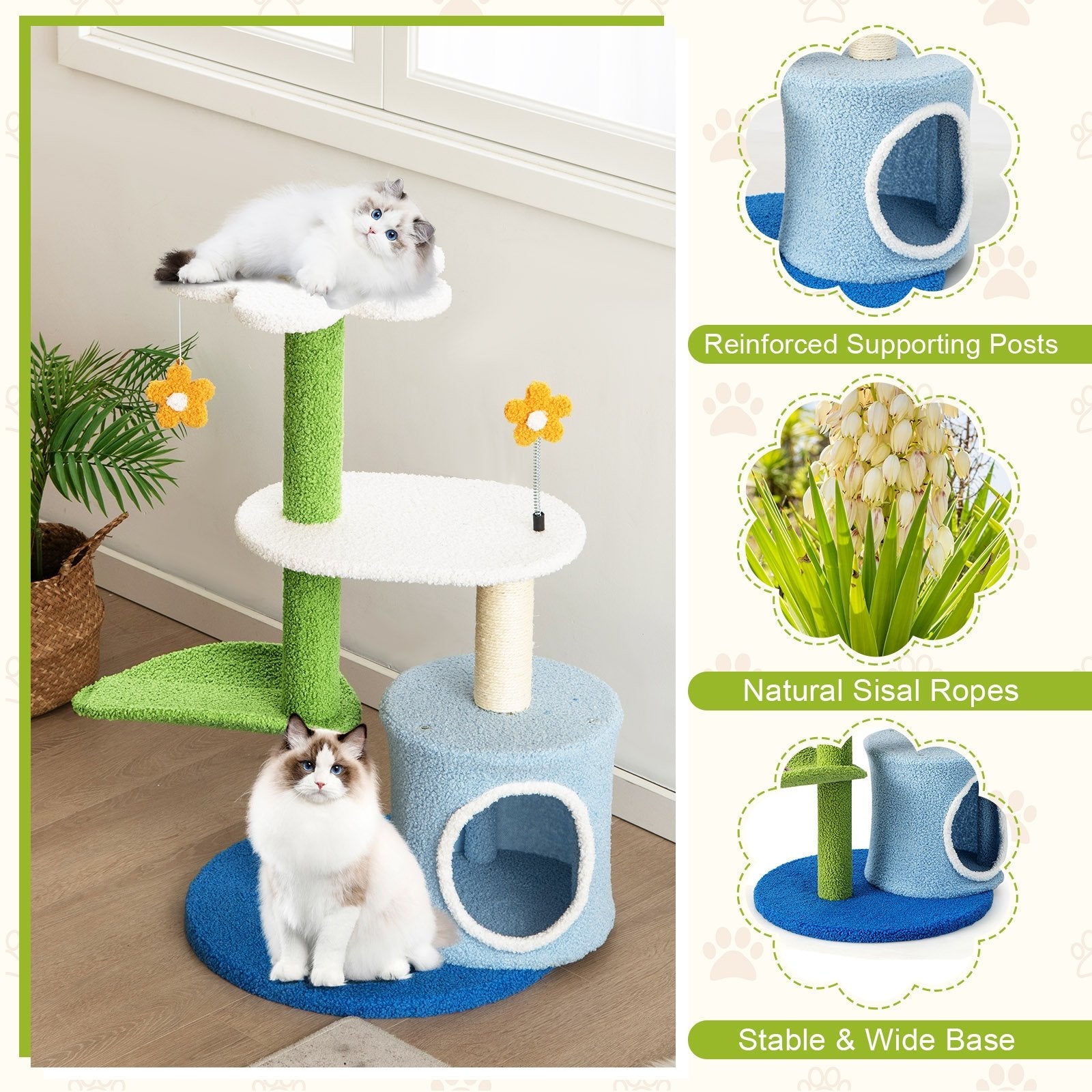 34.5 Inch 4-Tier Cute Cat Tree with Jingling Balls and Condo, Blue Cat Trees Condos & Scratchers   at Gallery Canada