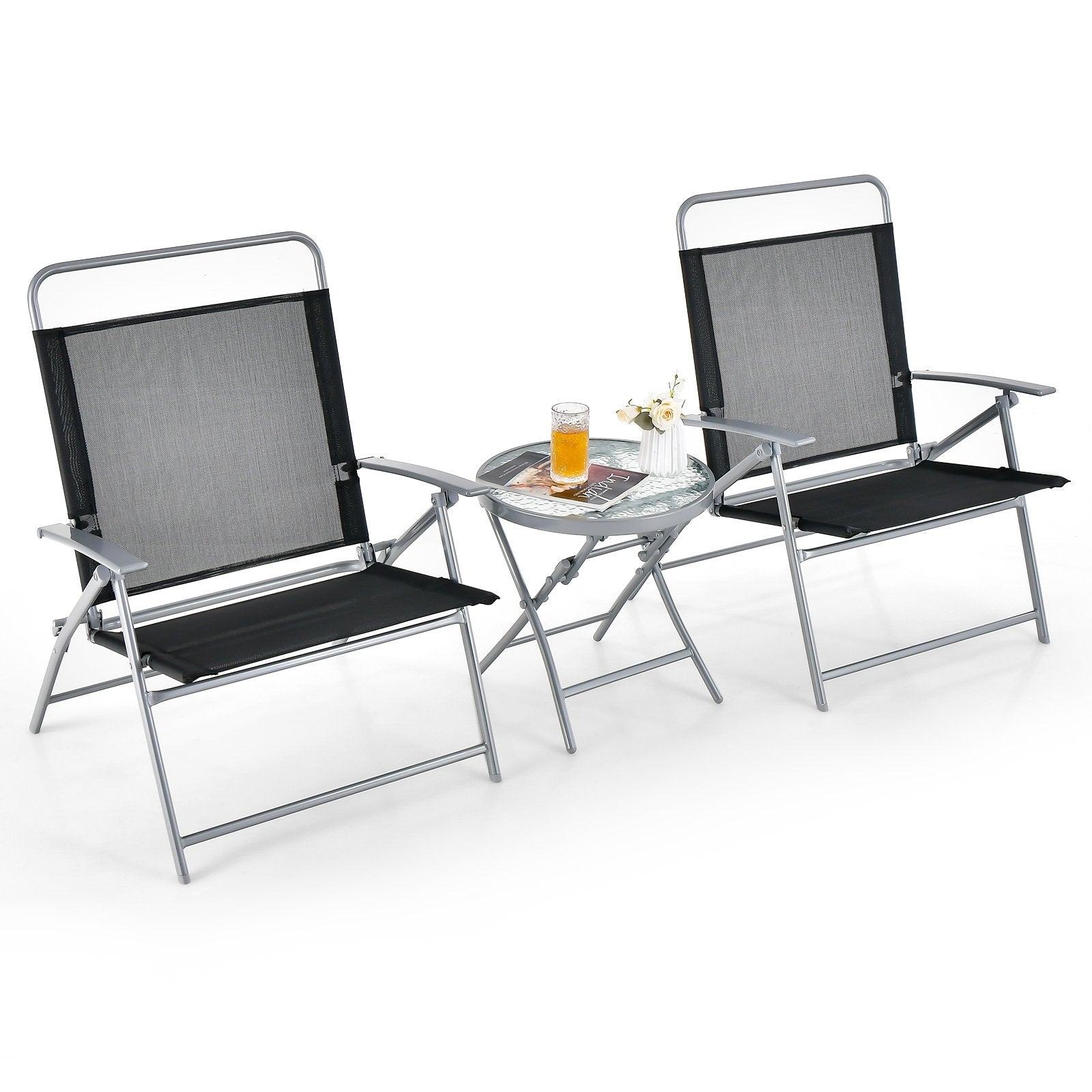 3 Pieces Patio Folding Chair Set Outdoor Metal Conversation Set, Black Patio Furniture Sets   at Gallery Canada