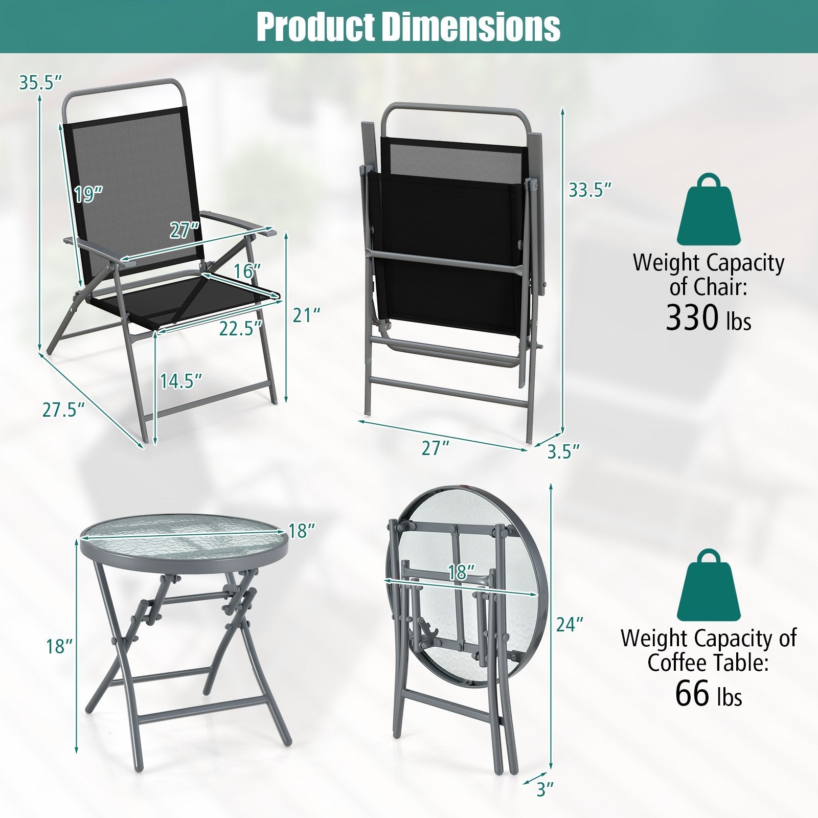 3 Pieces Patio Folding Chair Set Outdoor Metal Conversation Set, Black Patio Furniture Sets   at Gallery Canada