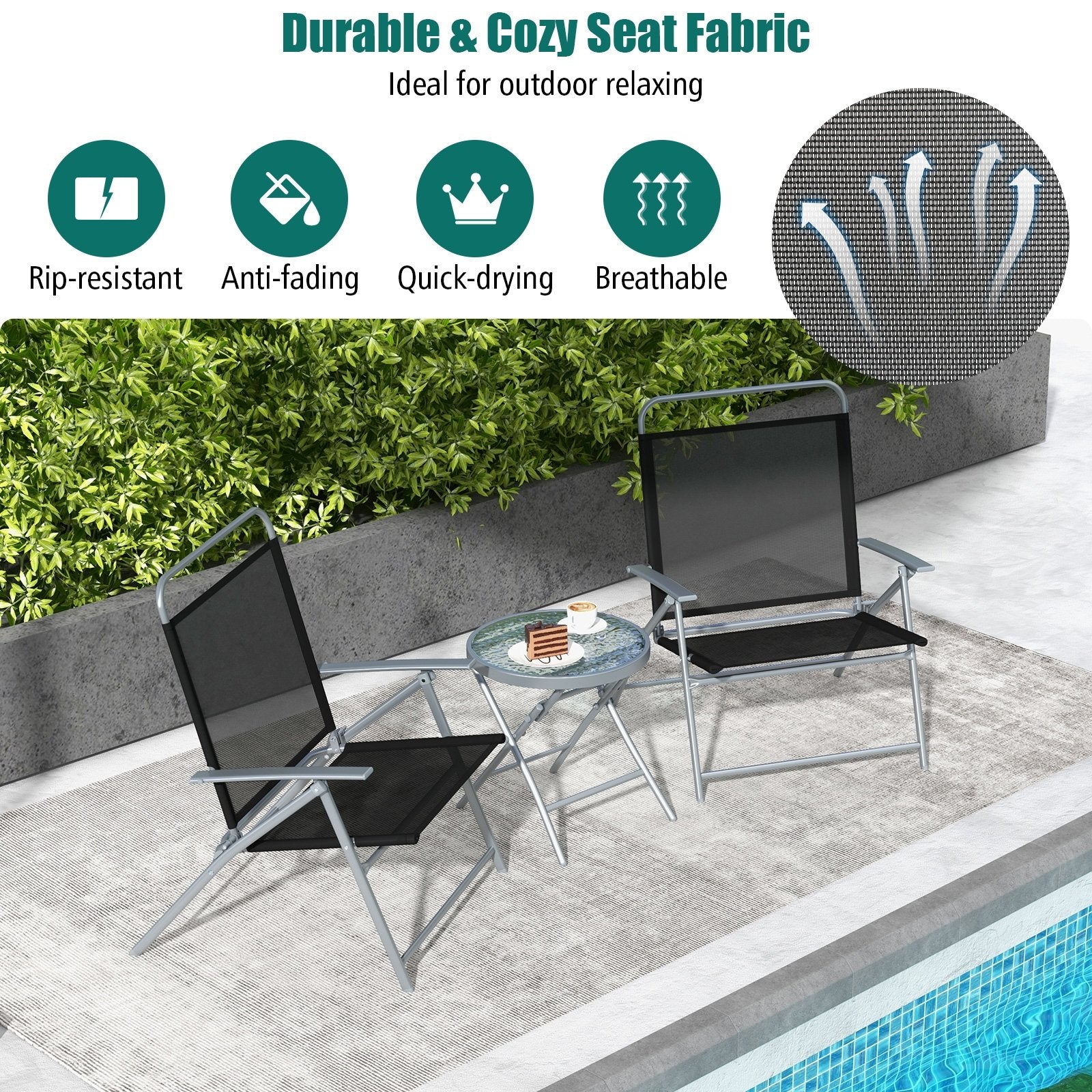 3 Pieces Patio Folding Chair Set Outdoor Metal Conversation Set, Black Patio Furniture Sets   at Gallery Canada