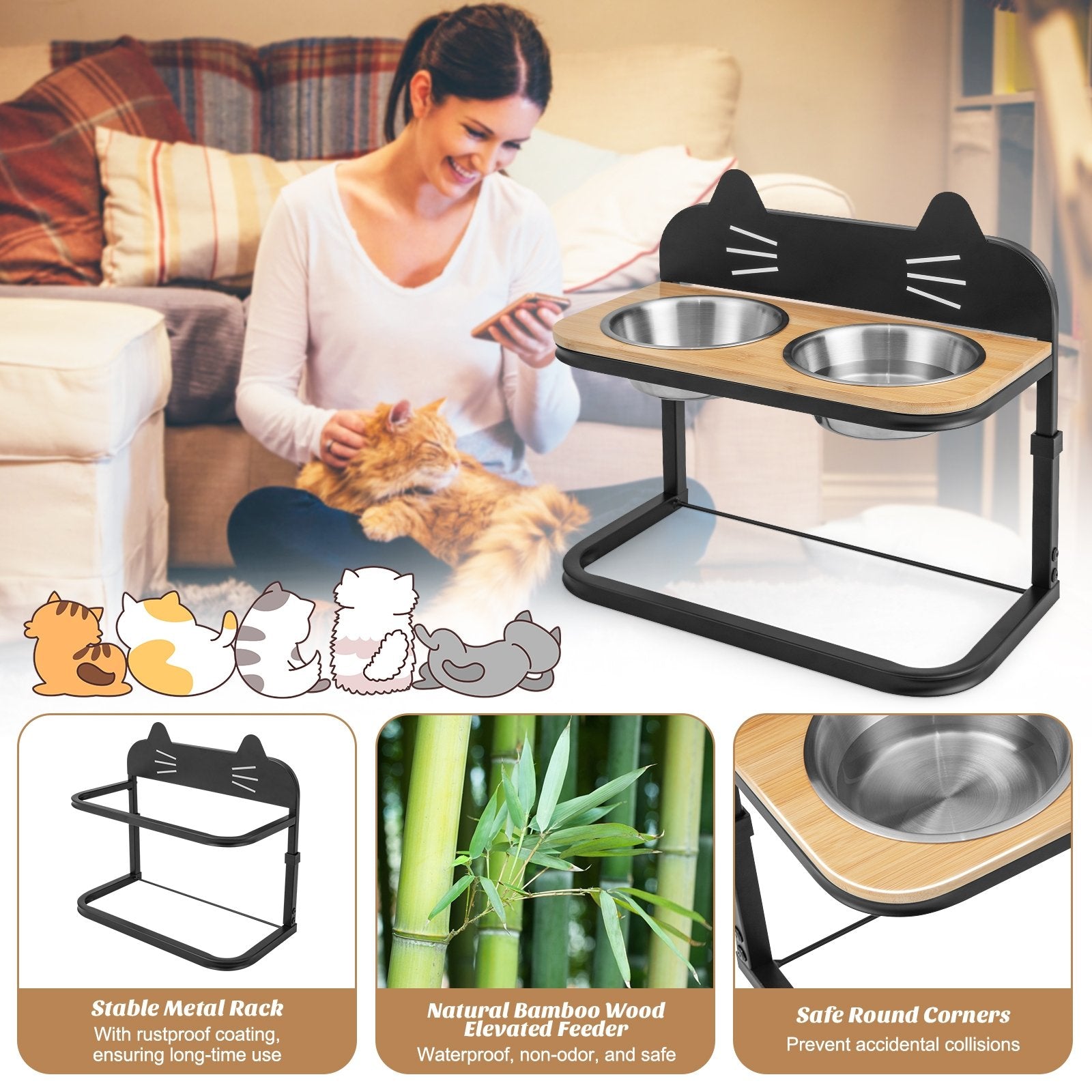 Elevated Pet Feeder with 2 Stainless Steel Bowls for Cats and Small and Medium Dogs, Natural Cat Supplies   at Gallery Canada