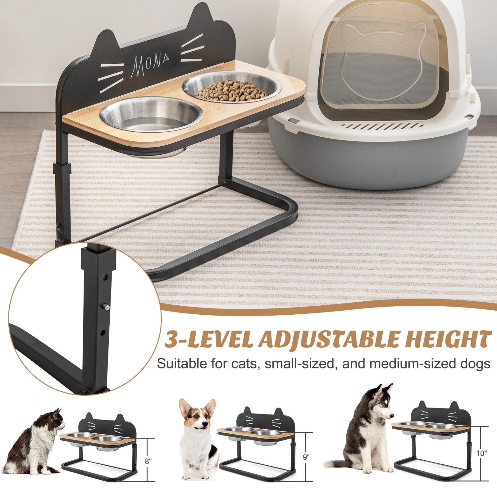 Elevated Pet Feeder with 2 Stainless Steel Bowls for Cats and Small and Medium Dogs, Natural Cat Supplies   at Gallery Canada