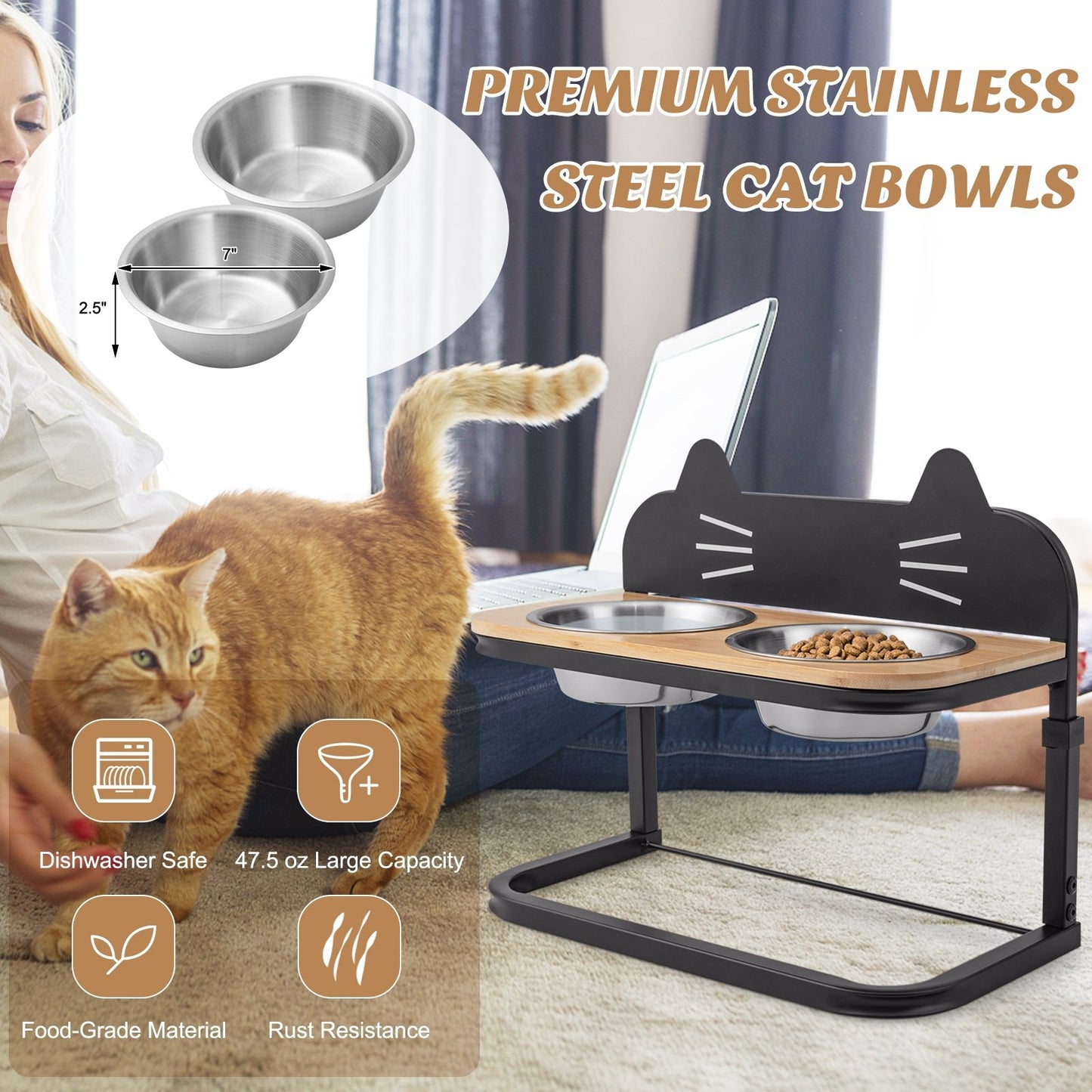 Elevated Pet Feeder with 2 Stainless Steel Bowls for Cats and Small and Medium Dogs, Natural Cat Supplies   at Gallery Canada