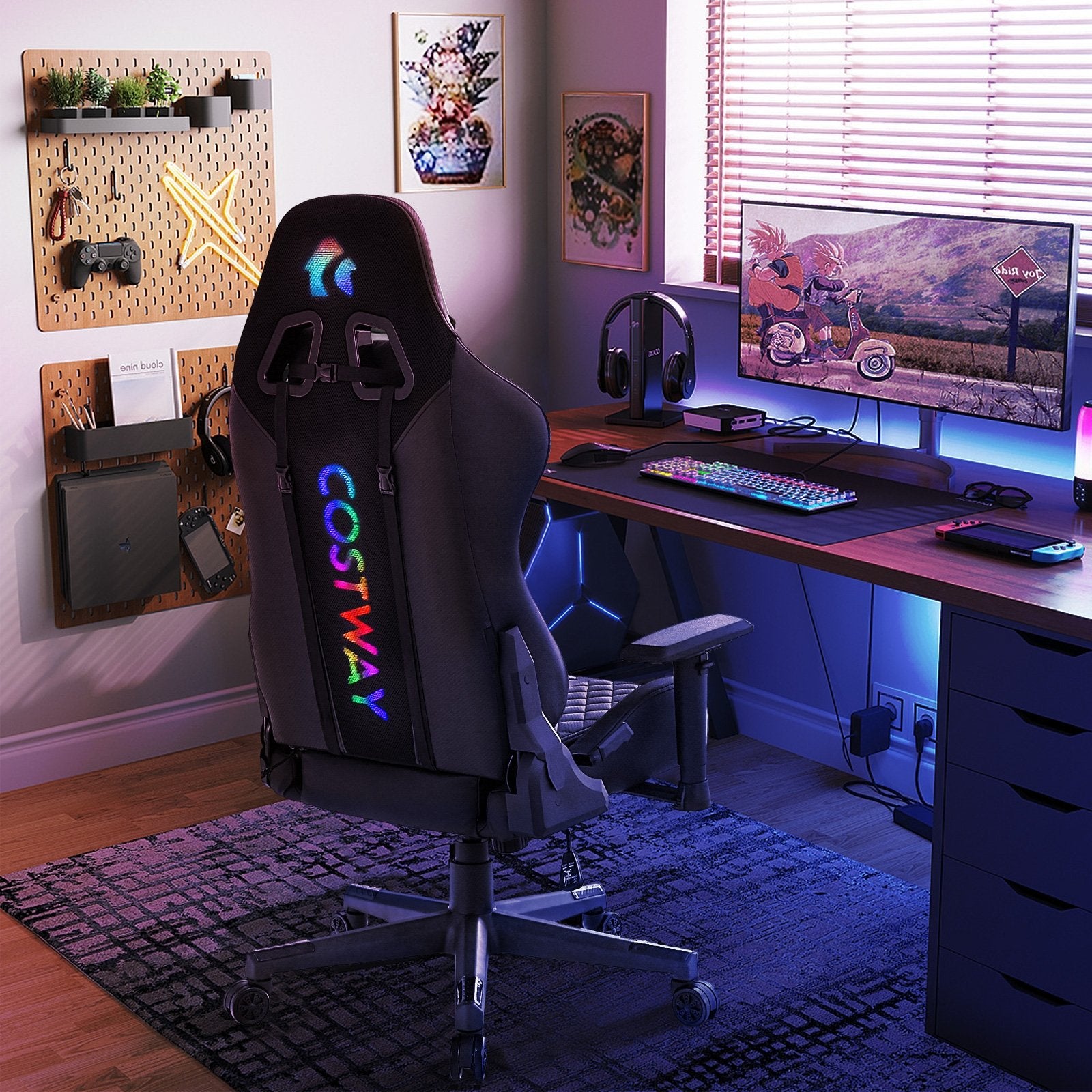 Adjustable 360° Swivel PU Gaming Chair with RGB LED Lights and Nylon Base, Black Gaming Chairs   at Gallery Canada