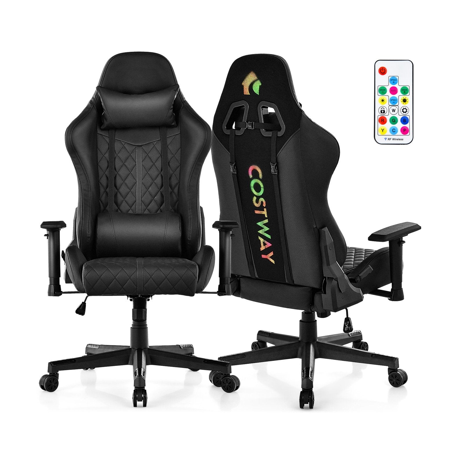 Adjustable 360° Swivel PU Gaming Chair with RGB LED Lights and Nylon Base, Black Gaming Chairs   at Gallery Canada