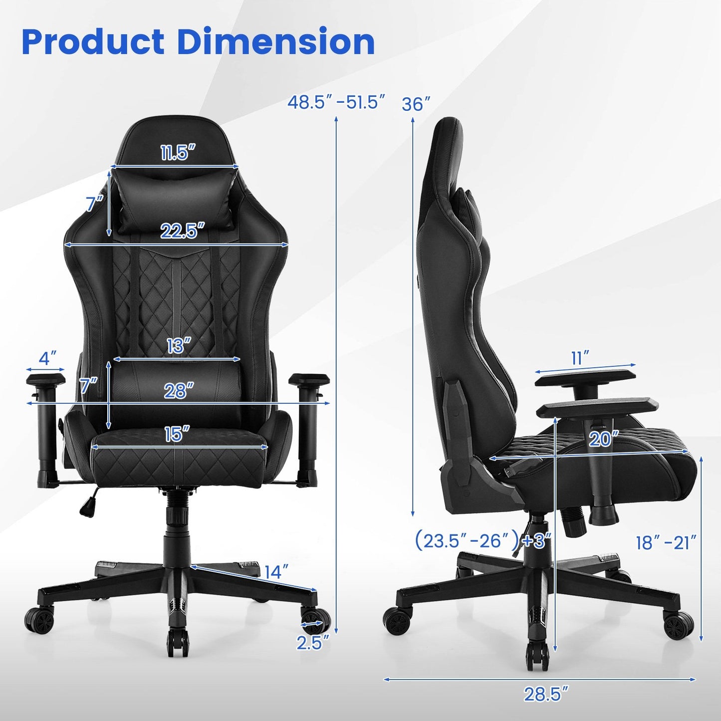 Adjustable 360° Swivel PU Gaming Chair with RGB LED Lights and Nylon Base, Black Gaming Chairs   at Gallery Canada