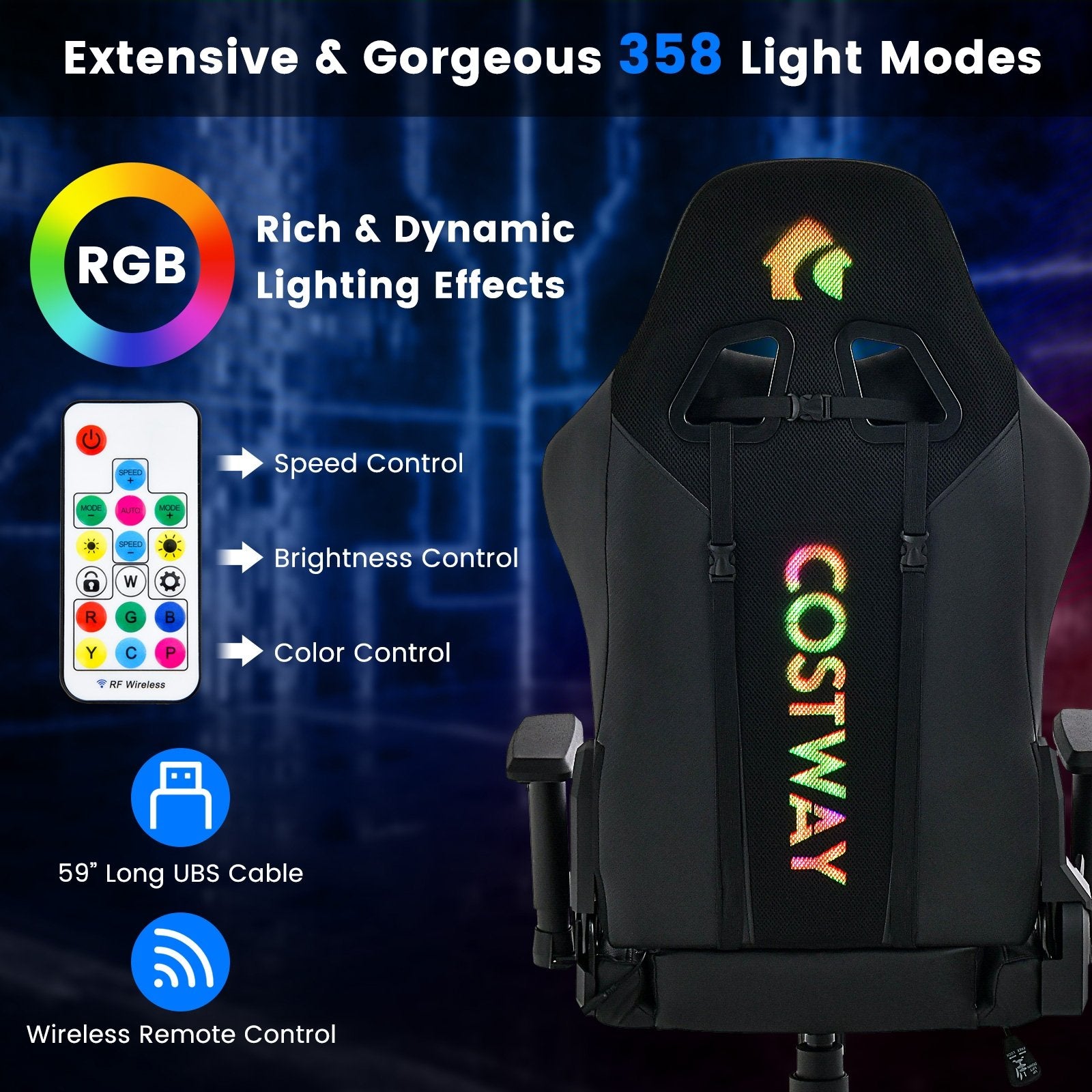 Adjustable 360° Swivel PU Gaming Chair with RGB LED Lights and Nylon Base, Black Gaming Chairs   at Gallery Canada