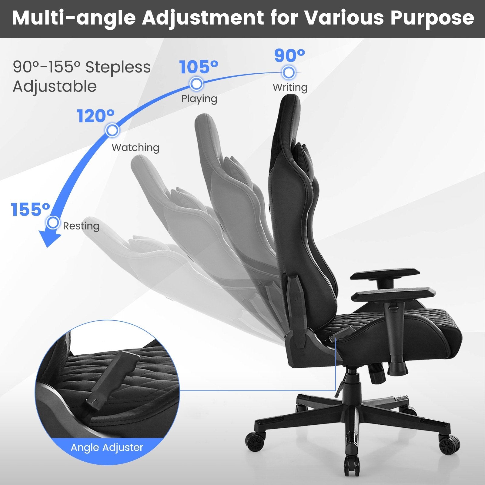 Adjustable 360° Swivel PU Gaming Chair with RGB LED Lights and Nylon Base, Black Gaming Chairs   at Gallery Canada