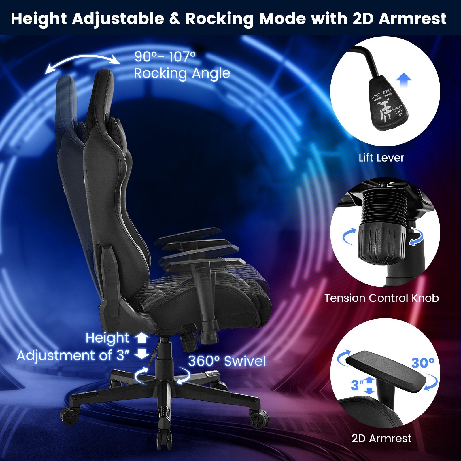 Adjustable 360° Swivel PU Gaming Chair with RGB LED Lights and Nylon Base, Black Gaming Chairs   at Gallery Canada