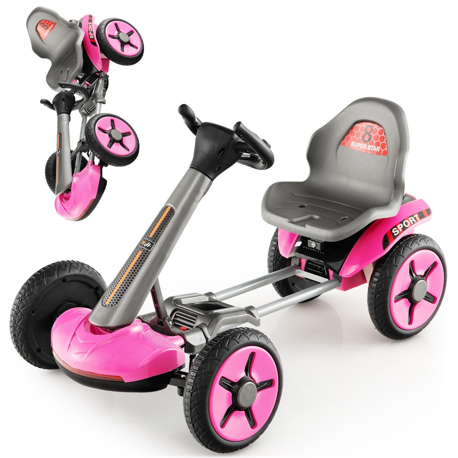 Pedal Powered 4-Wheel Toy Car with Adjustable Steering Wheel and Seat, Pink Powered Ride On Toys   at Gallery Canada