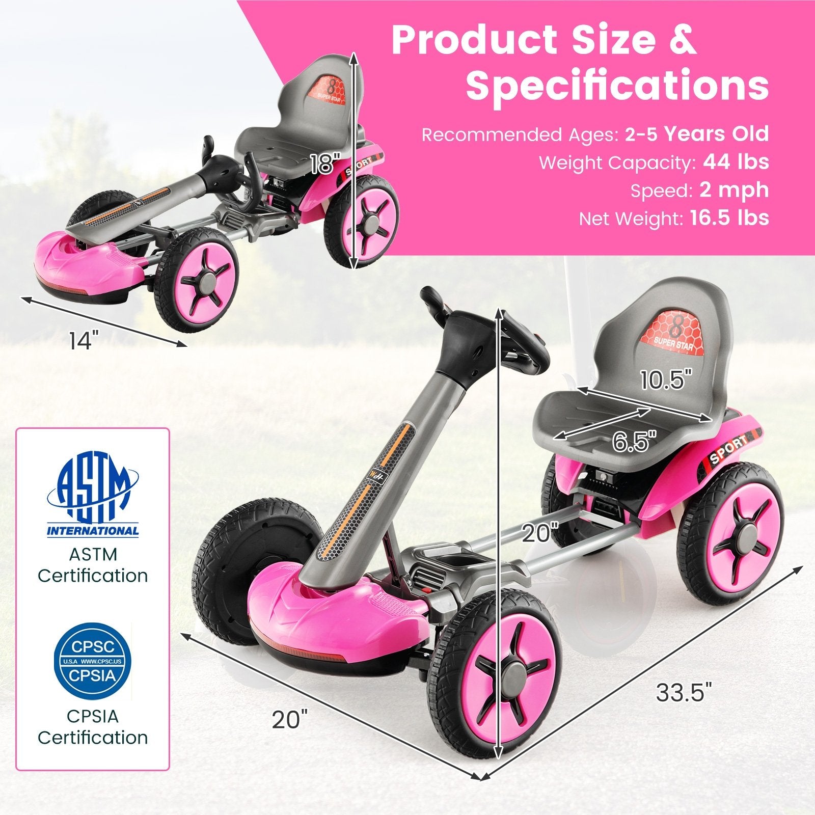 Pedal Powered 4-Wheel Toy Car with Adjustable Steering Wheel and Seat, Pink Powered Ride On Toys   at Gallery Canada