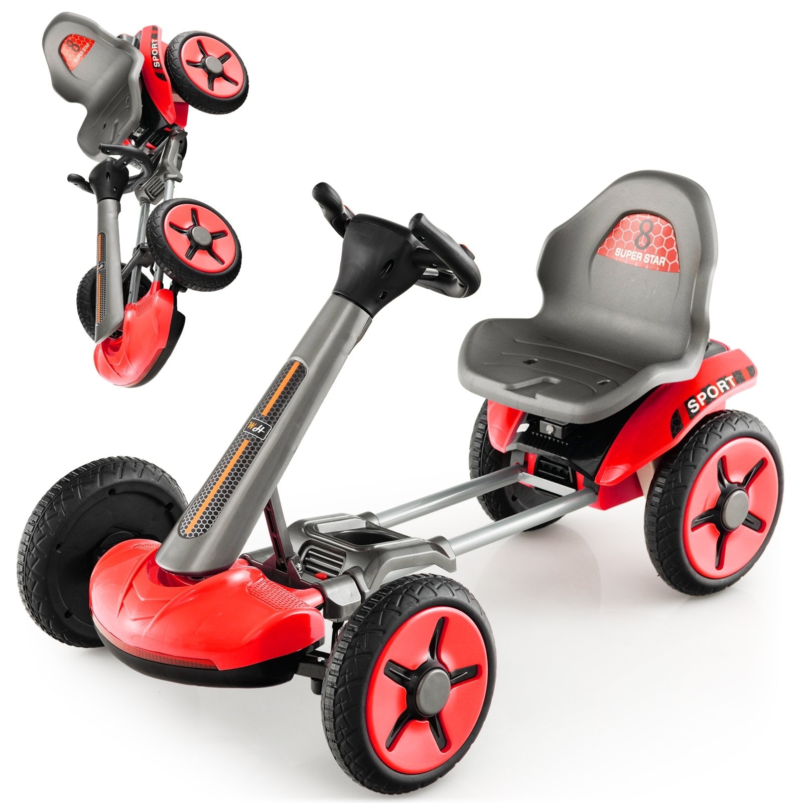 Pedal Powered 4-Wheel Toy Car with Adjustable Steering Wheel and Seat, Red Powered Ride On Toys   at Gallery Canada