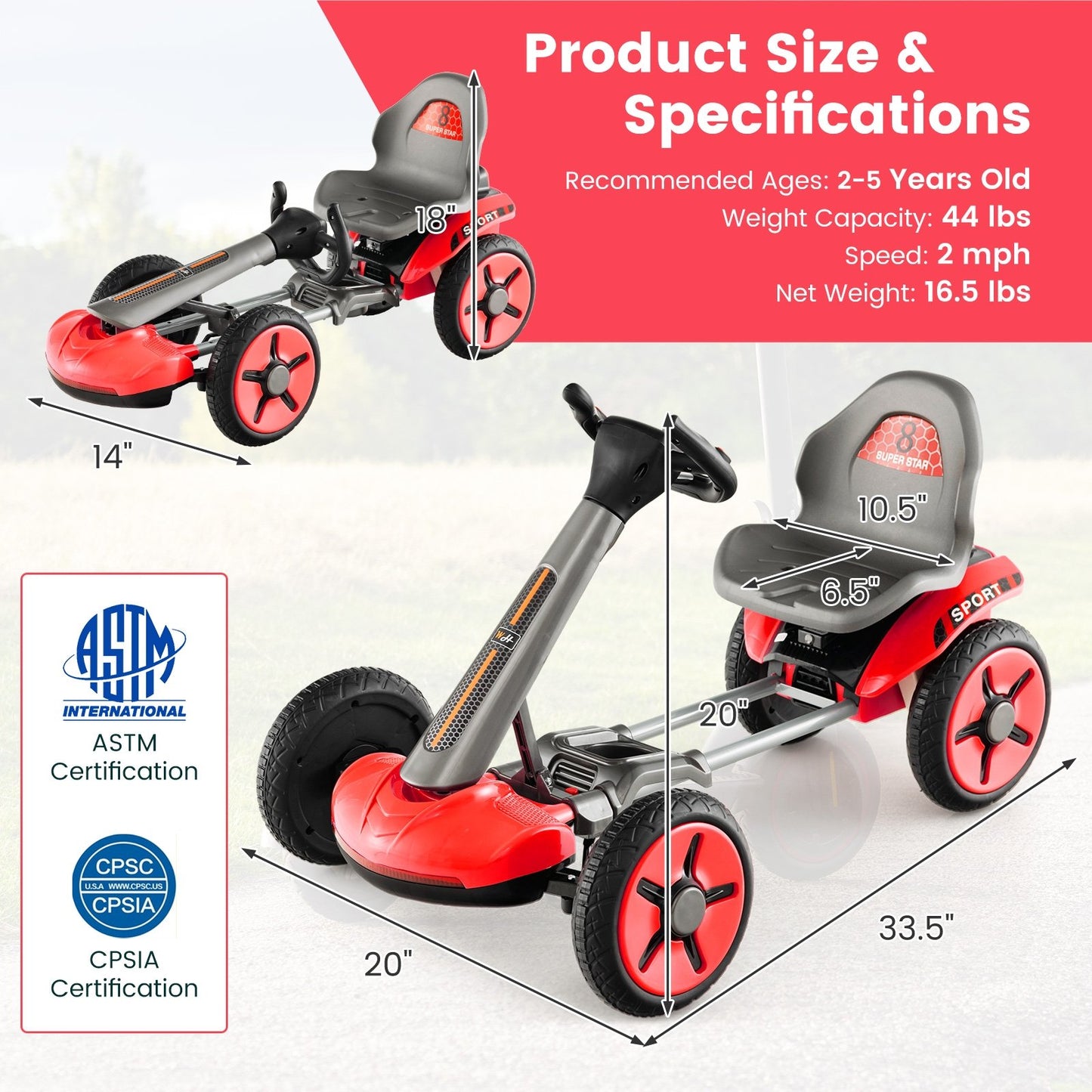 Pedal Powered 4-Wheel Toy Car with Adjustable Steering Wheel and Seat, Red Powered Ride On Toys   at Gallery Canada