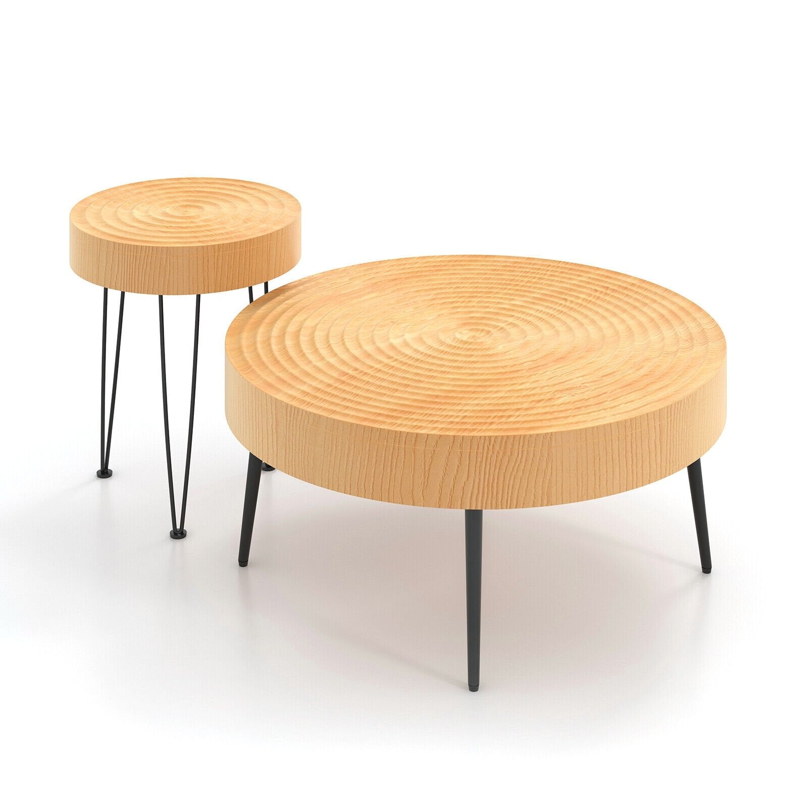 Set of 2 Solid Wood Farmhouse Round Coffee Tables-Ring Pattern, Natural Coffee Tables   at Gallery Canada